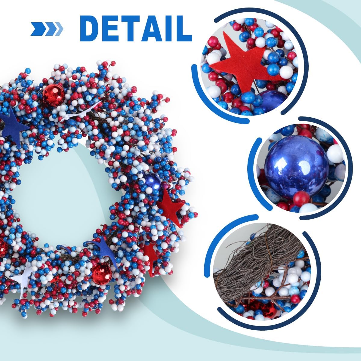 4th of July Wreath for Front Door, Patriotic Wreaths with Red White Blue Colors