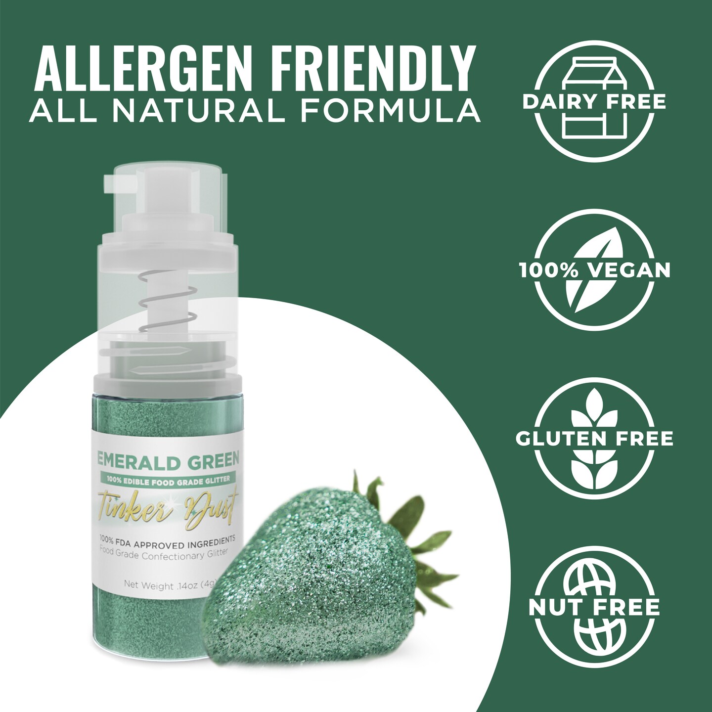 Bakell - Emerald Green Tinker Dust Edible Glitter (4g, 1x Spray Pump) for Food, Desserts, and Beverages!