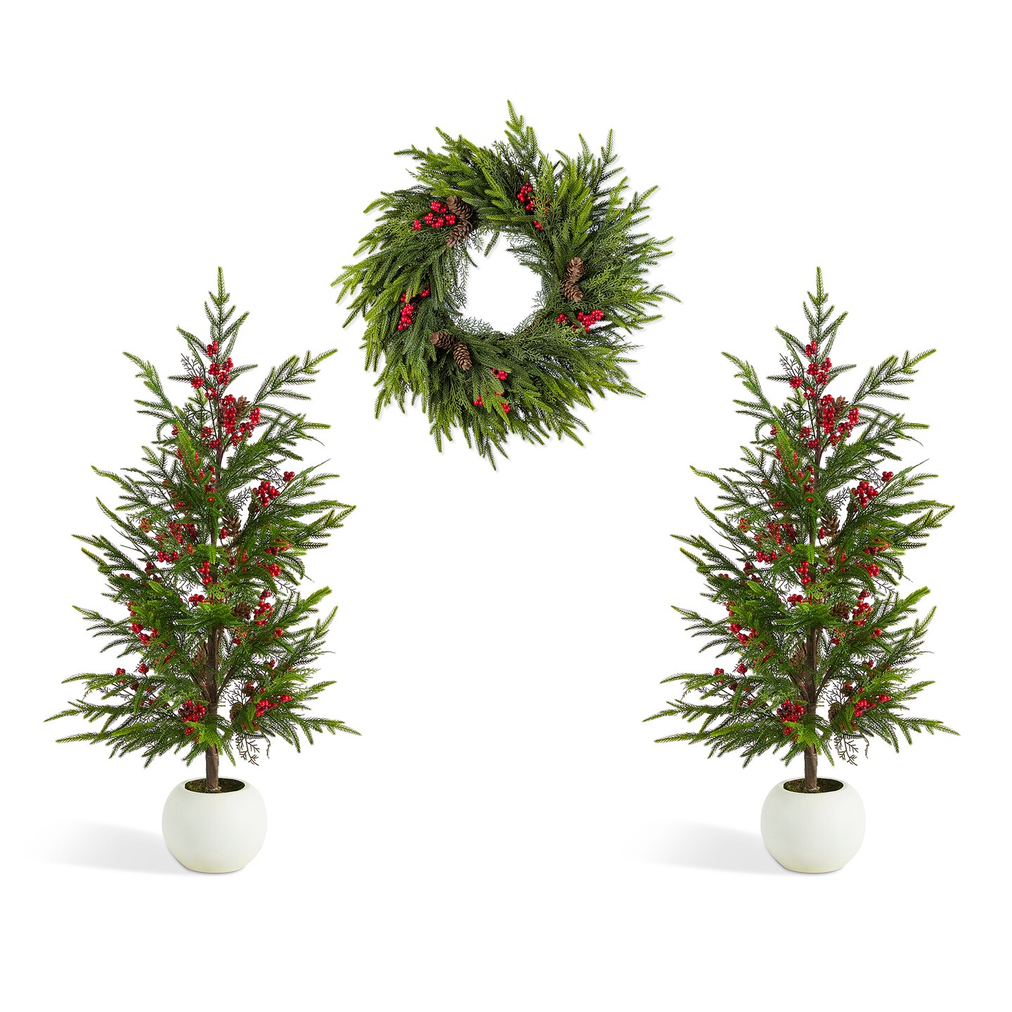 Christmas Wreath/Teardrop/Porch Tree Set with Pinecones and Red Berries