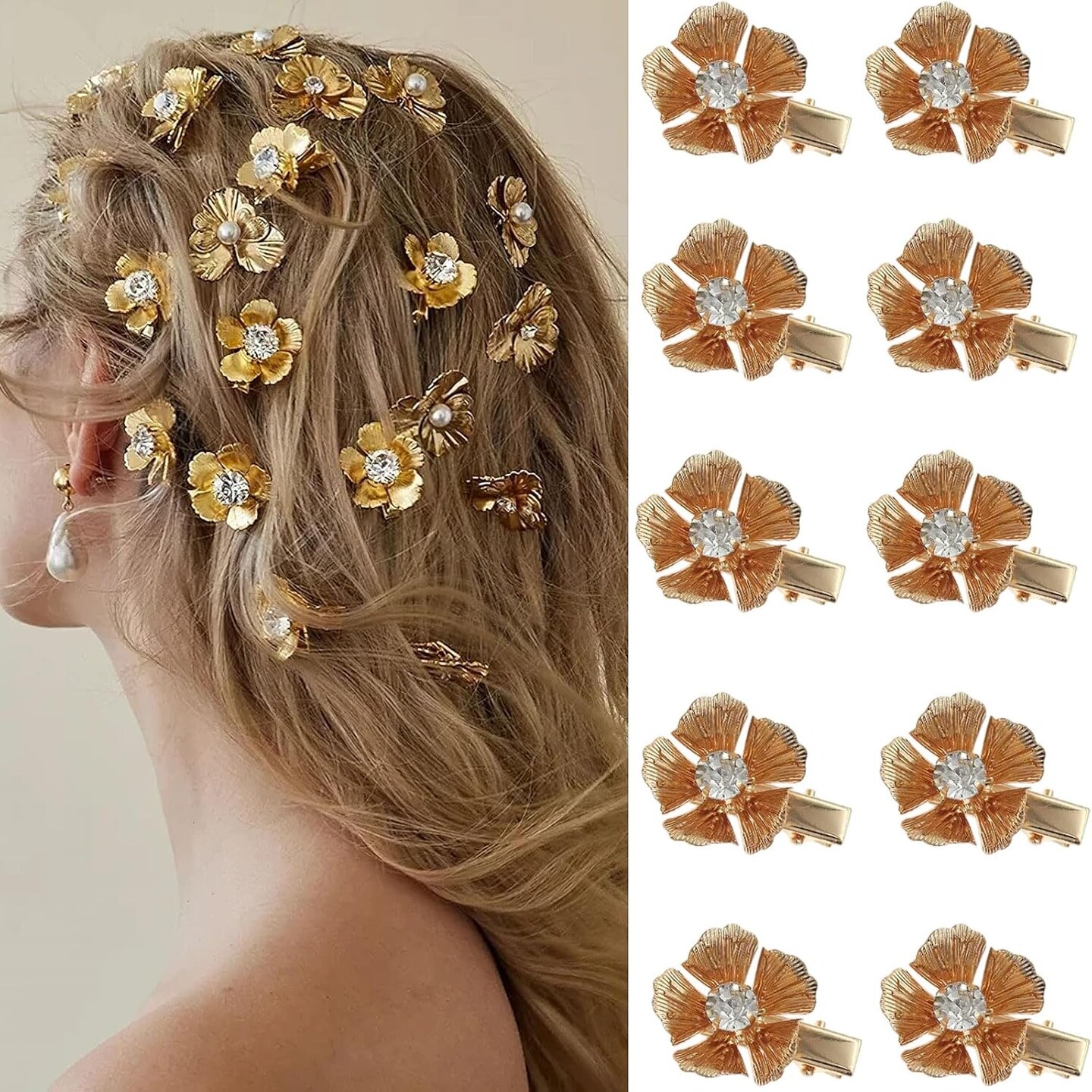 10 Pcs Alloy Flower Hair Clips Mini Metal Gold Duck Clip Hairpin Flower with Rhinestones