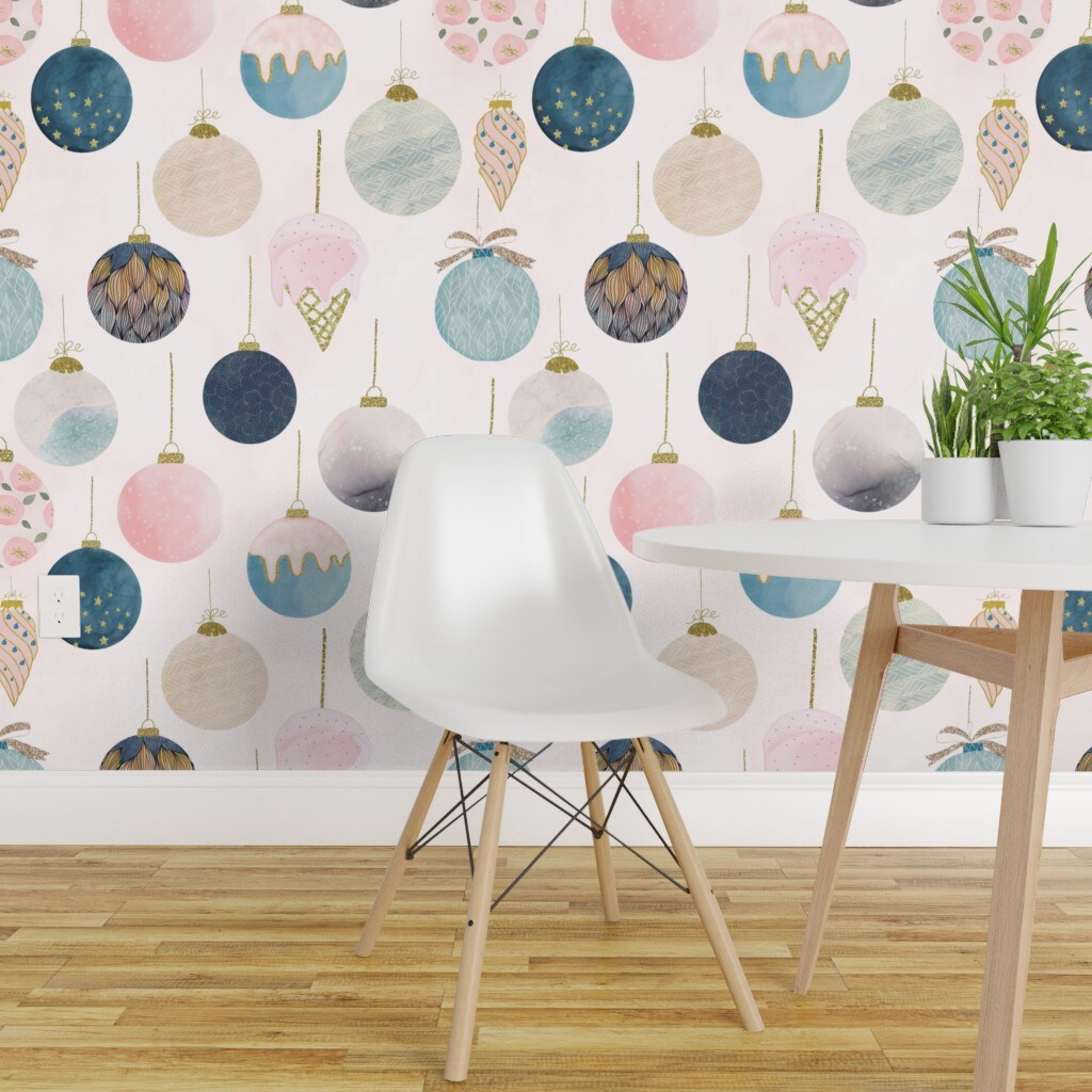Pre-Pasted Wallpaper 2FT Wide Modern Christmas Ornaments Blush Pink Denim Blue Feminine Custom Pre-pasted Wallpaper by Spoonflower
