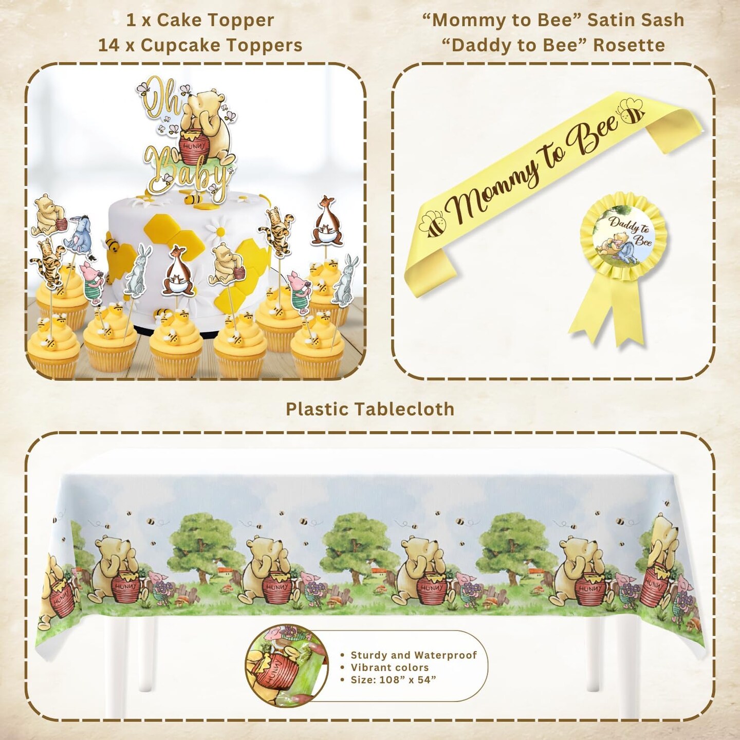 Winnie Baby Shower Decorations &#x2013; the Pooh Balloons, Backdrop, Welcome Baby Banner, Tablecloth, Cake Toppers, Pompoms, Sash &#x26; More &#x2013; Classic Pooh Baby Shower Theme