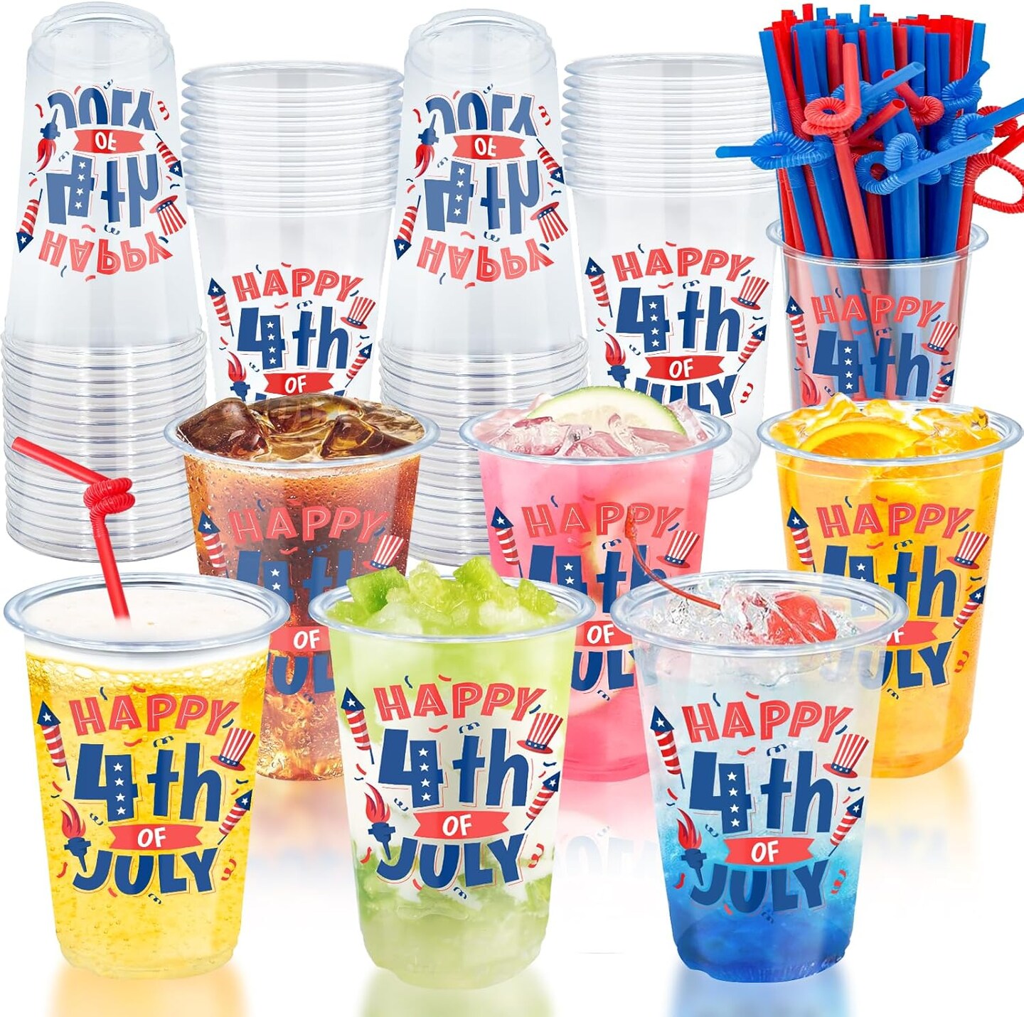 100Pcs USA 250th Anniversary 4th of July Decorations Patriotic Party Supplies, 50Pcs 16oz 4th of July Party Cups Patriotic Disposable Plastic Cups 50Pcs Red Blue Straws Independence Day Memorial Day