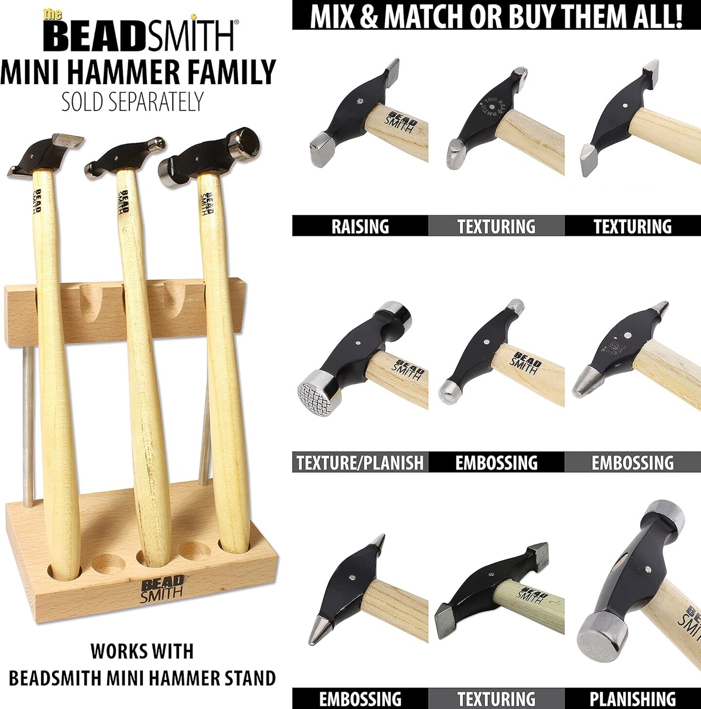 The Beadsmith Mini Hammer Stand – 5.5” W x 3.5” D x 6.375” H – Hardwood Stand – Holds 5 Mini Hammers – No Assembly Required – Individual Notches to Rest Hammers and Keep Tools Organized