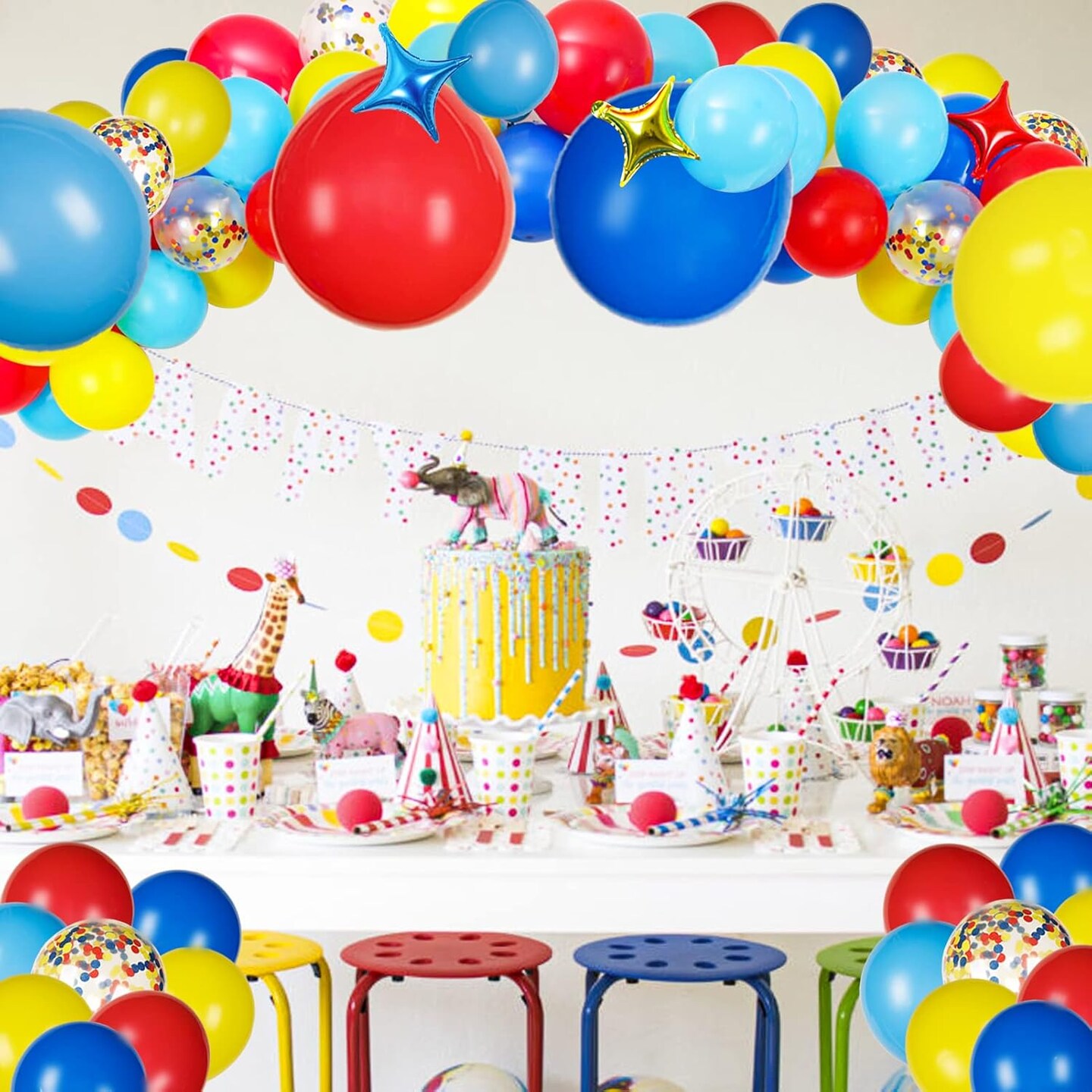 Carnival Balloon Arch Kit with 123pcs Red Blue Yellow Rainbow Latex Confetti Balloons