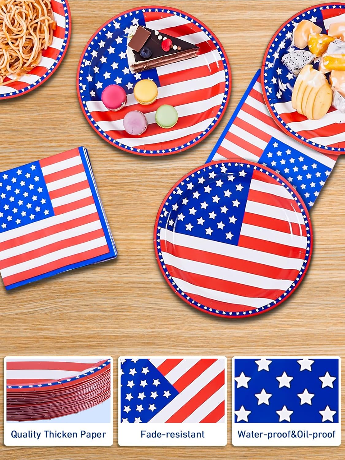 50 Pcs Patriotic American Flag Party Supplies Tableware Set Paper Plates and Napkins