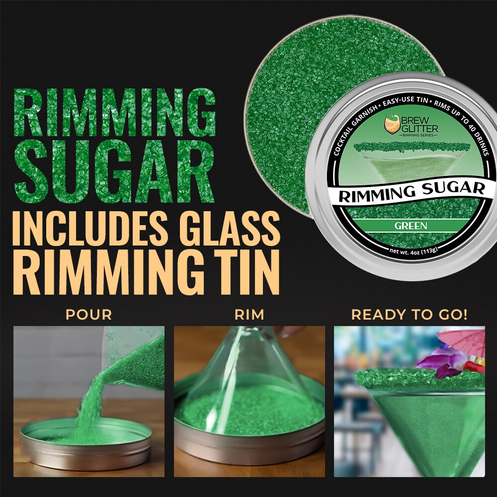 Brew Glitter - Green Rimming Sugar (4oz, 1x Bar Tin) Cocktail Garnish for Mixed Drinks &#x26; Refreshments