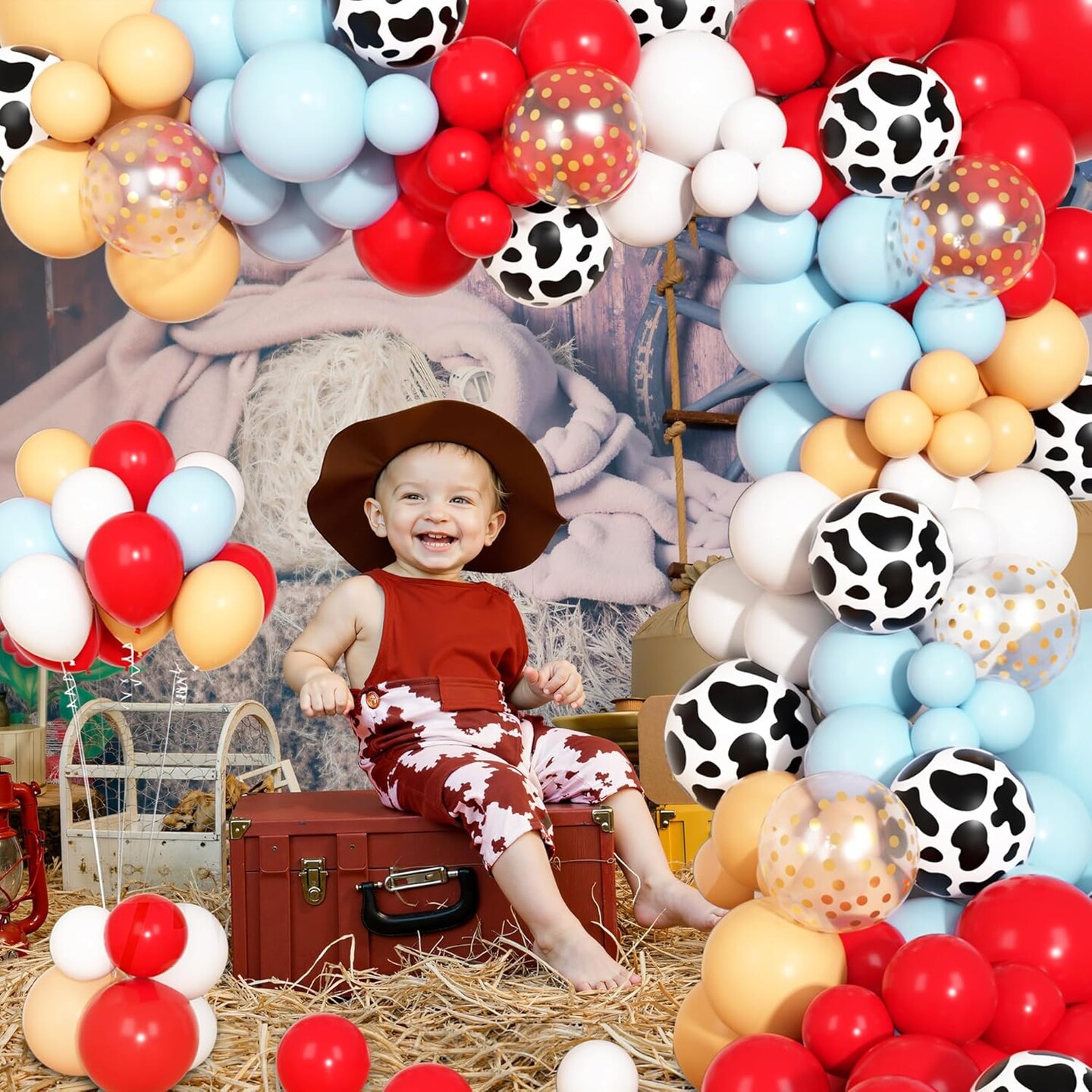 170Pcs Farm Animal Balloon Garland Arch Kit, Red Blue Tan White Cow Print Balloons