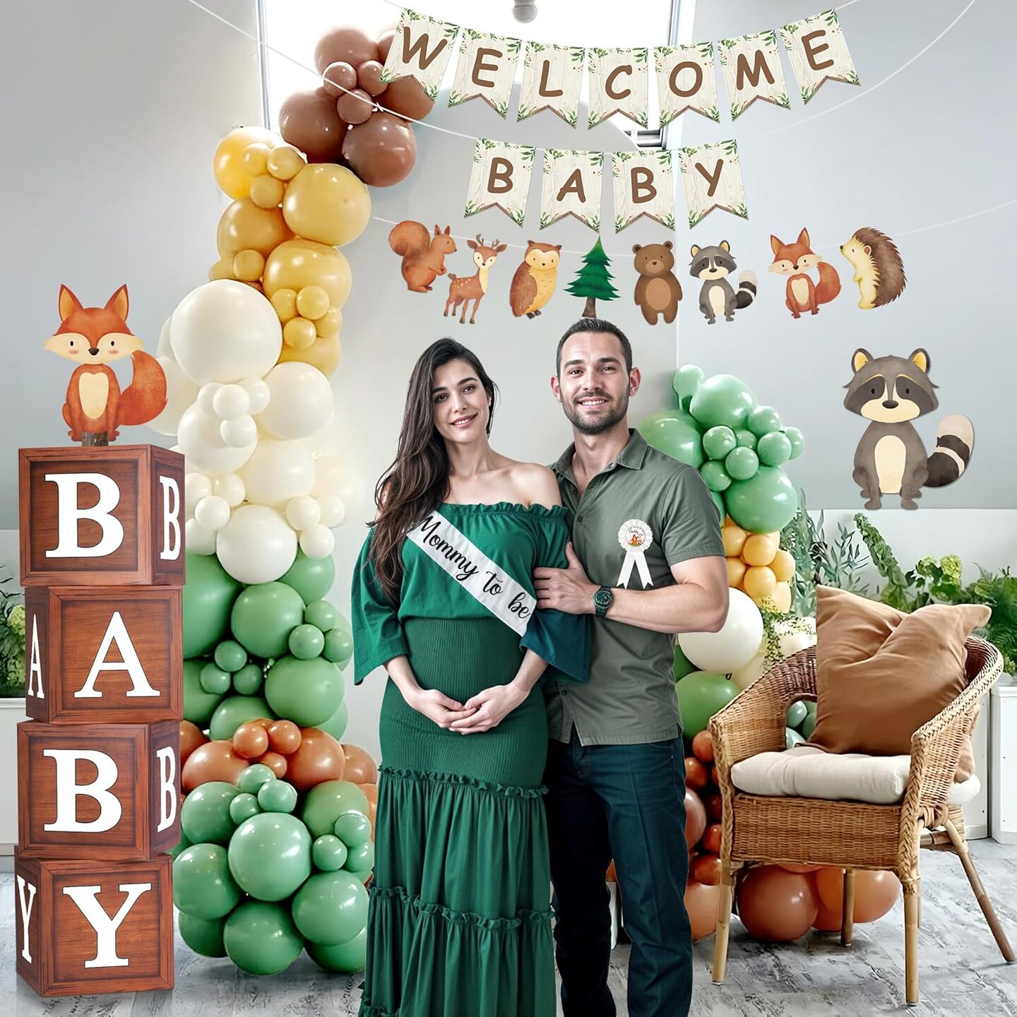130pcs Woodland Baby Shower Decorations Safari Baby Shower Decorations for Gender Neutral Celebration with Balloon Garlands,Welcome Baby Banner, Baby Boxes and Tabletop Decor