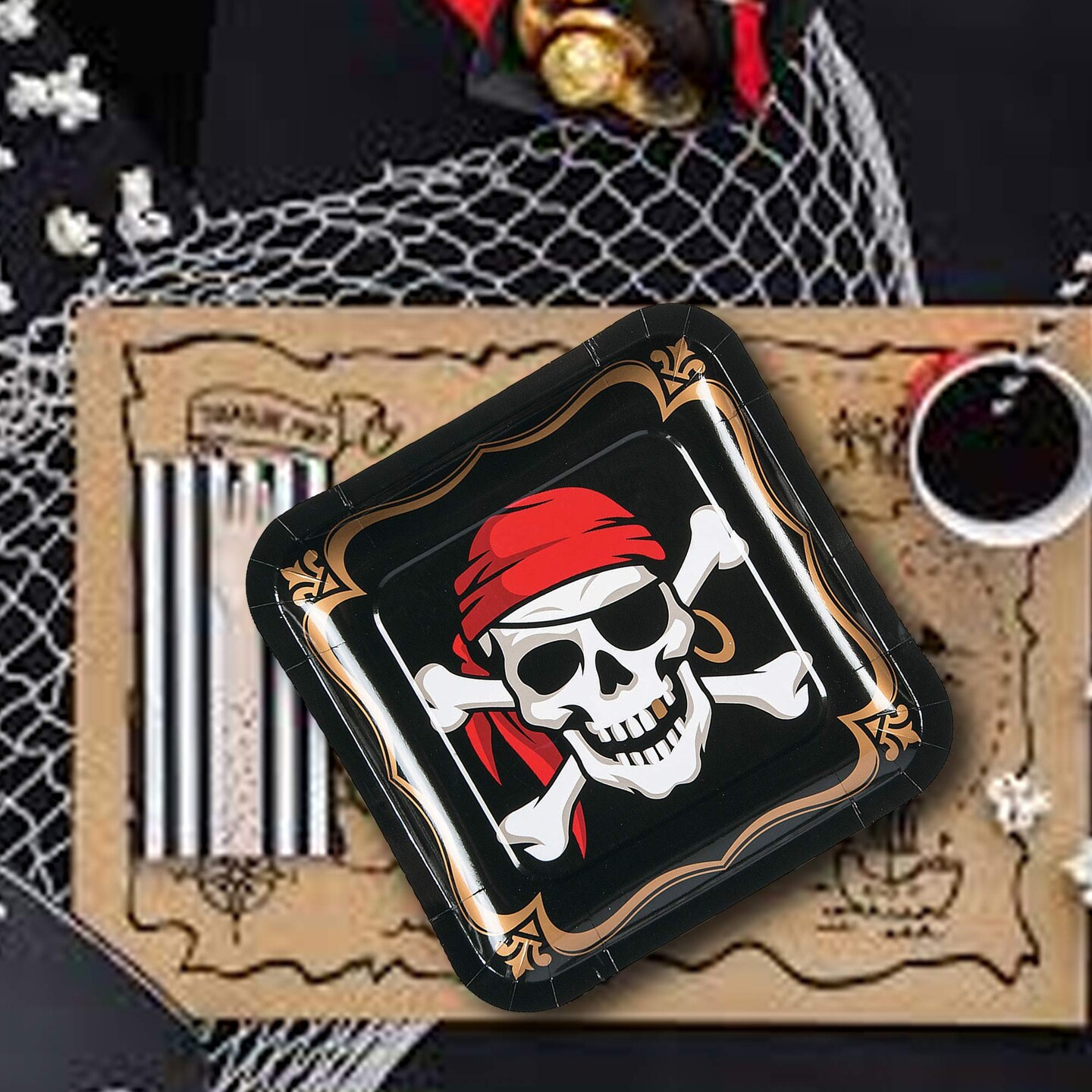 8 Count Pirate Party Square Paper Plates 9 Inch Skull Crossbones Dinner Plates