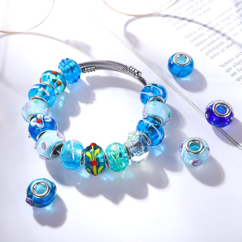 50Pcs 15x11mm Murano Large Hole Glass Beads with Silver Brass Cores European Beads for Jewelry Making (Aqua)