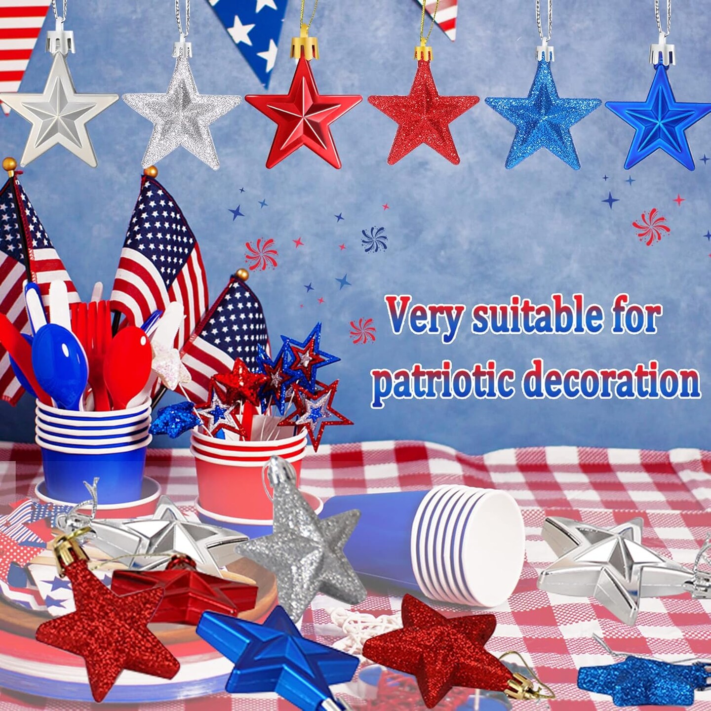 36Pcs Patriotic Star Ornaments Memorial Day Independence Day Labor Day Veterans Day Decorations for Home Party Christmas Tree Decor, Blue Red and Silver