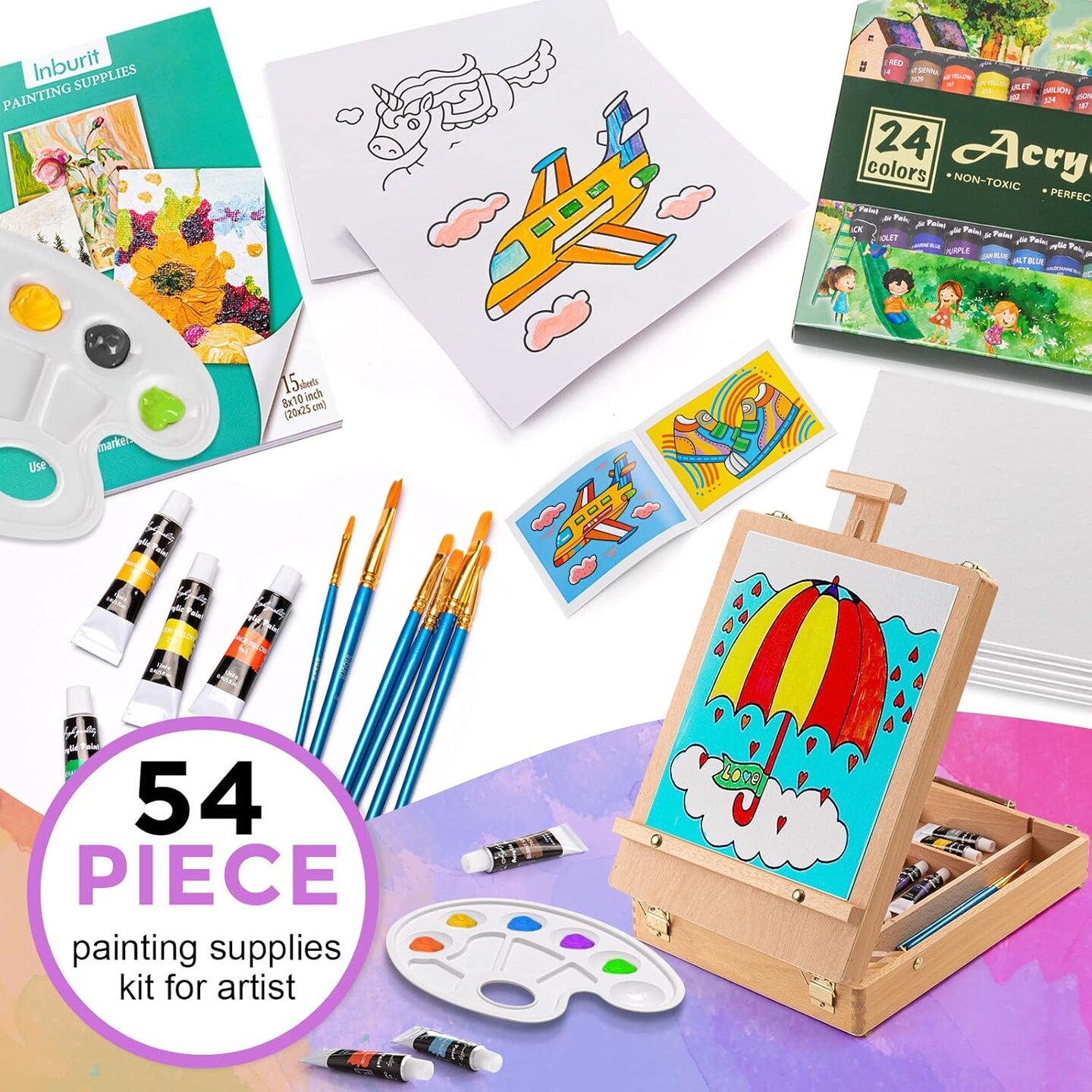 Art Paint Set with Wooden Easel Box, 24 Colors Acrylic Paints, 8 Paint