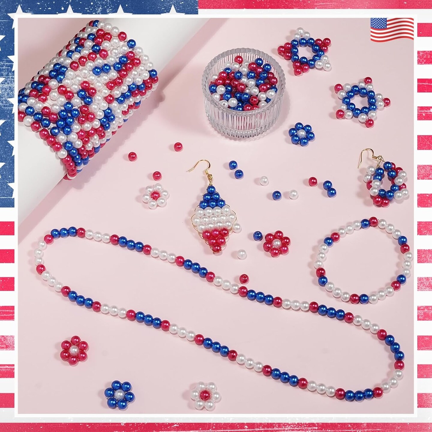 1500pcs Red White and Blue Beads
