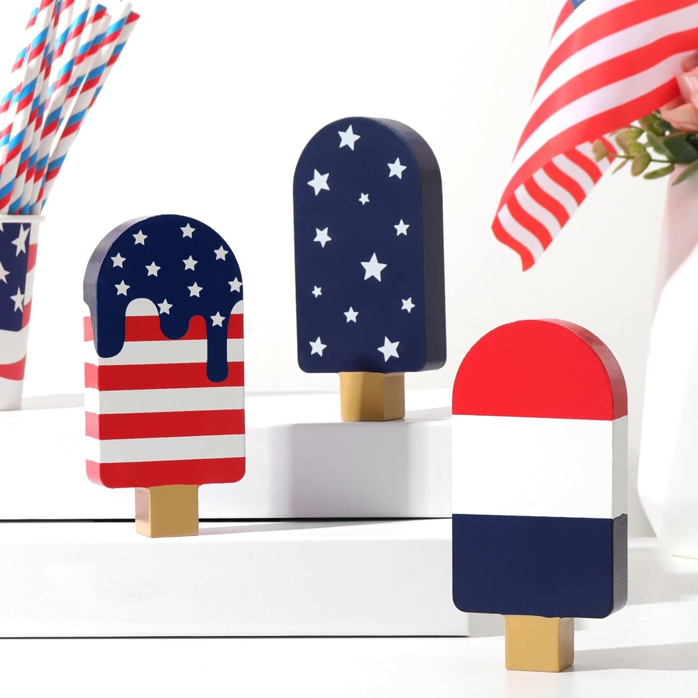 4PCS 4th of July Tiered Tray Decor Set – Patriotic Wooden Popsicle Signs with Rustic Red White Blue American Flag Design for Independence Day, Memorial Day, Veterans Day & Farmhouse Table Decorations