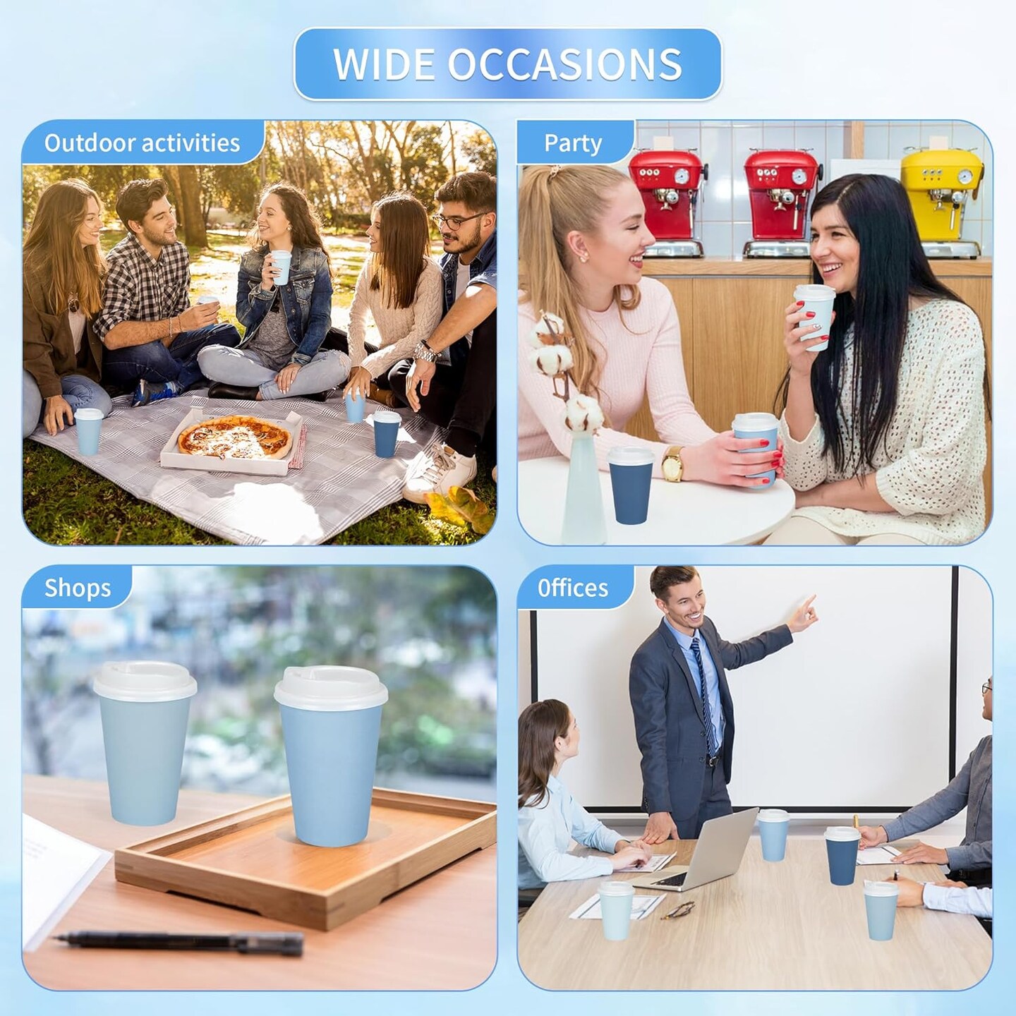 80 Pcs 12 oz Dusty Blue Disposable Coffee Cups with Lids Dusty Blue Gradient Party