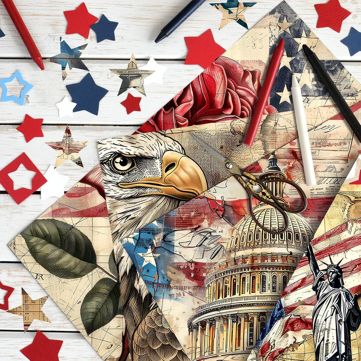 24 Sheets Retro Patriotic Red Blue Stars Stripes Patterns Decorative Craft Scrapbook Paper Folded Flat for 4th of July