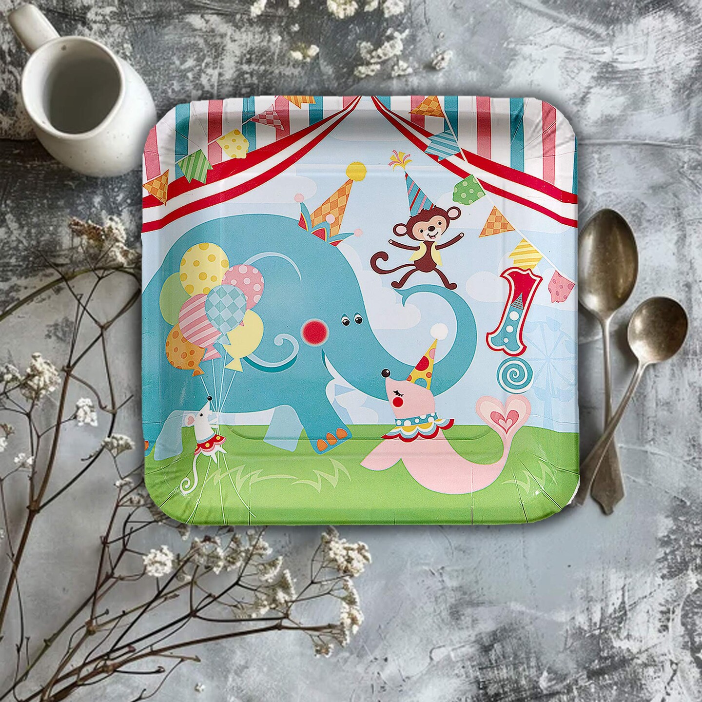 8 Ct.1st Birthday Circus Party Paper Dinner Plates Colorful Animal Themed Tableware 9.25 Inch