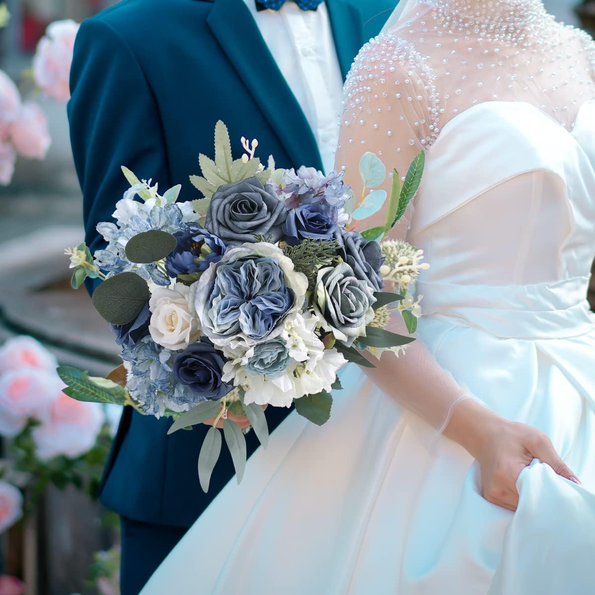 Artificial Flowers Combo Box Set Dusty Blue Flowers (White Blue Rose)