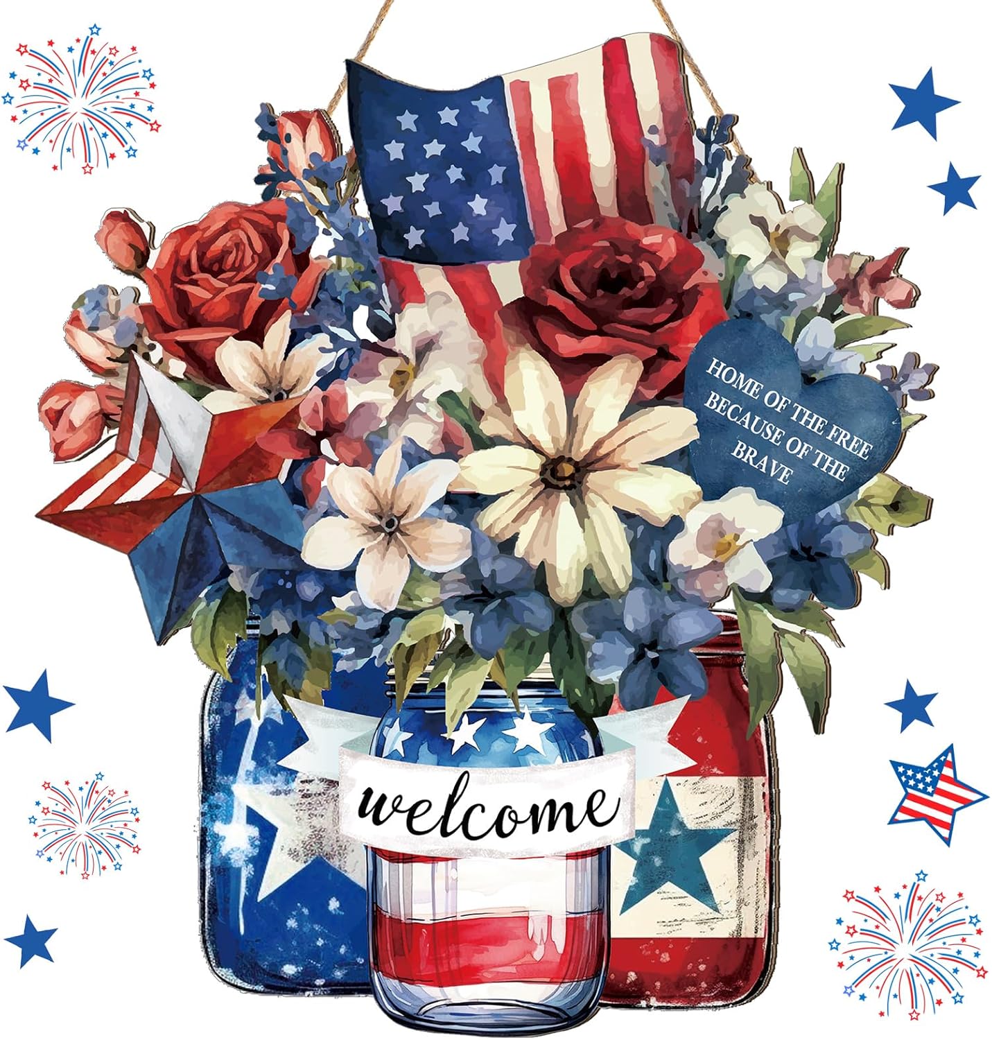 Patriotic Door Sign 4th of July Wreaths for Front Door Hanger Wooden Independence Day Decoration