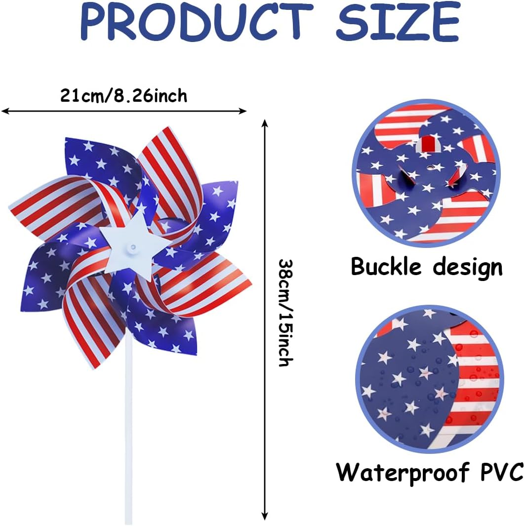 12Pcs American Patriotic Wind Spinners Red White Blue Flag Pinwheels