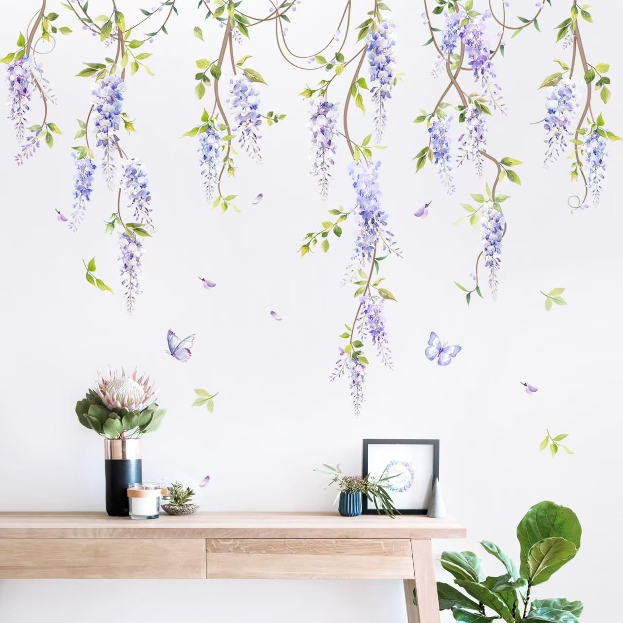 Purple Flower Wall Decals, Hanging Wisteria Floral Green Leaves