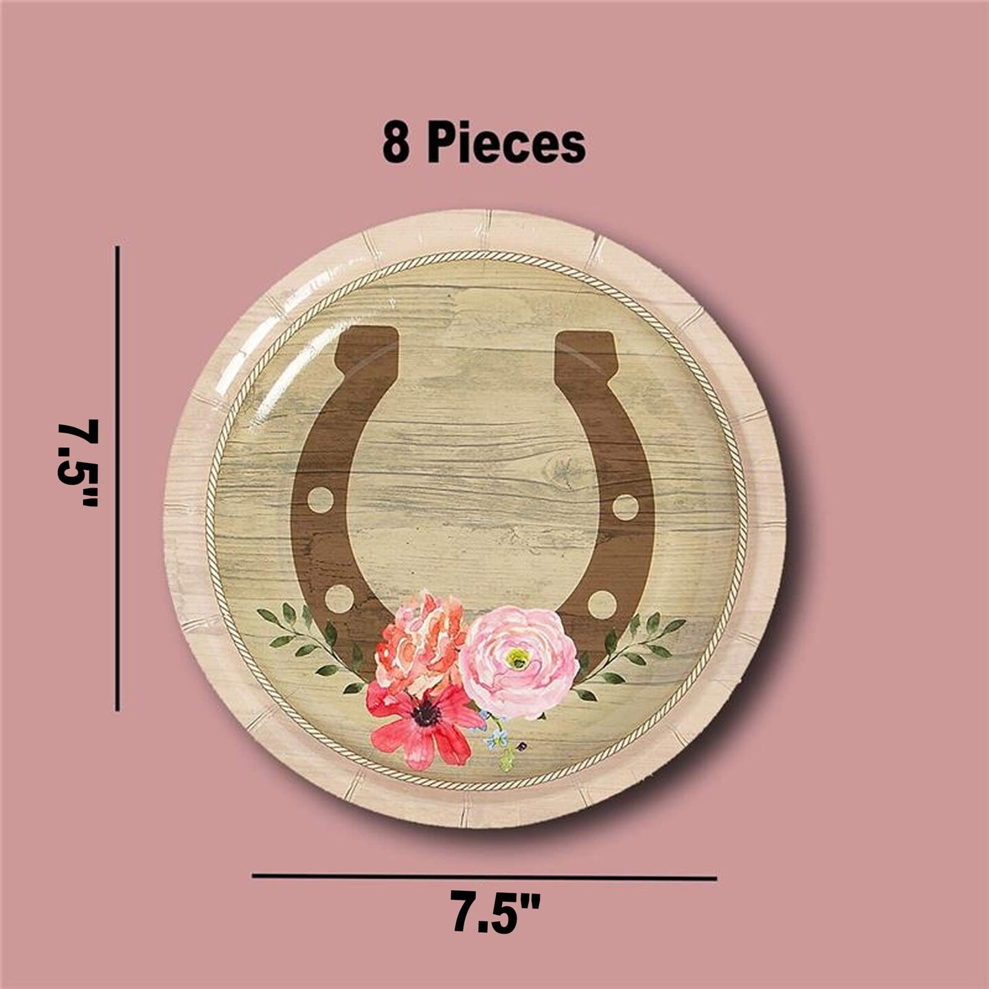 8 Ct. Horse Party Horseshoe Paper Dessert Plates 7.5" Floral Shiplap Design