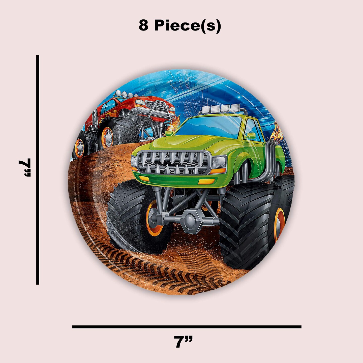 8 Count Monster Truck Party Paper Dessert Plates 7 Inch Disposable Tableware for Kids Birthday Celebration