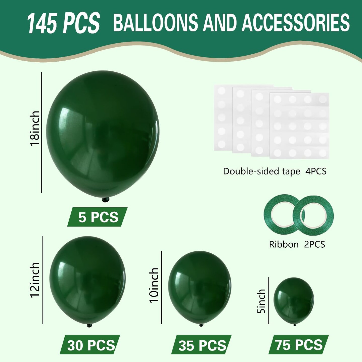 145 Pcs Dark Green Balloons (Different Sizes 18 12 10 5 Inch)