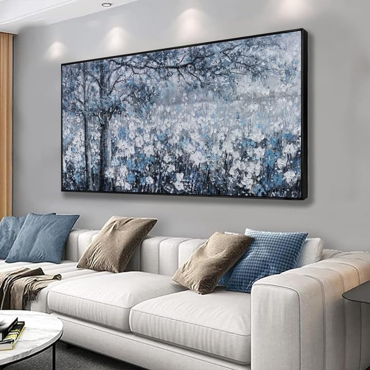 Canvas Wall Art Print Paintings Blue And White Abstract Tree Flower Landscape (20"×40")