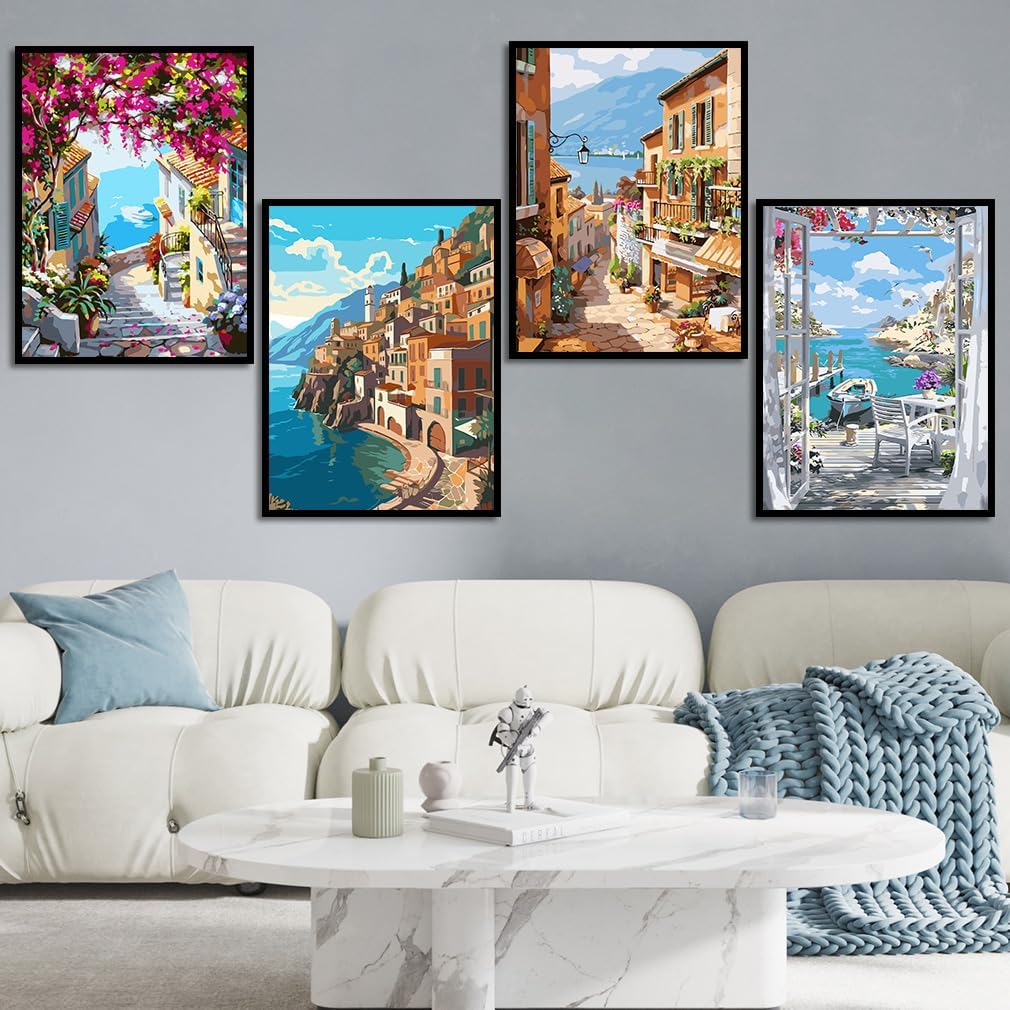 (12x16 inch)4 Pack Paint by Number for Adults Canvas, DIY Landscape Paint by Number Kits on Canvas