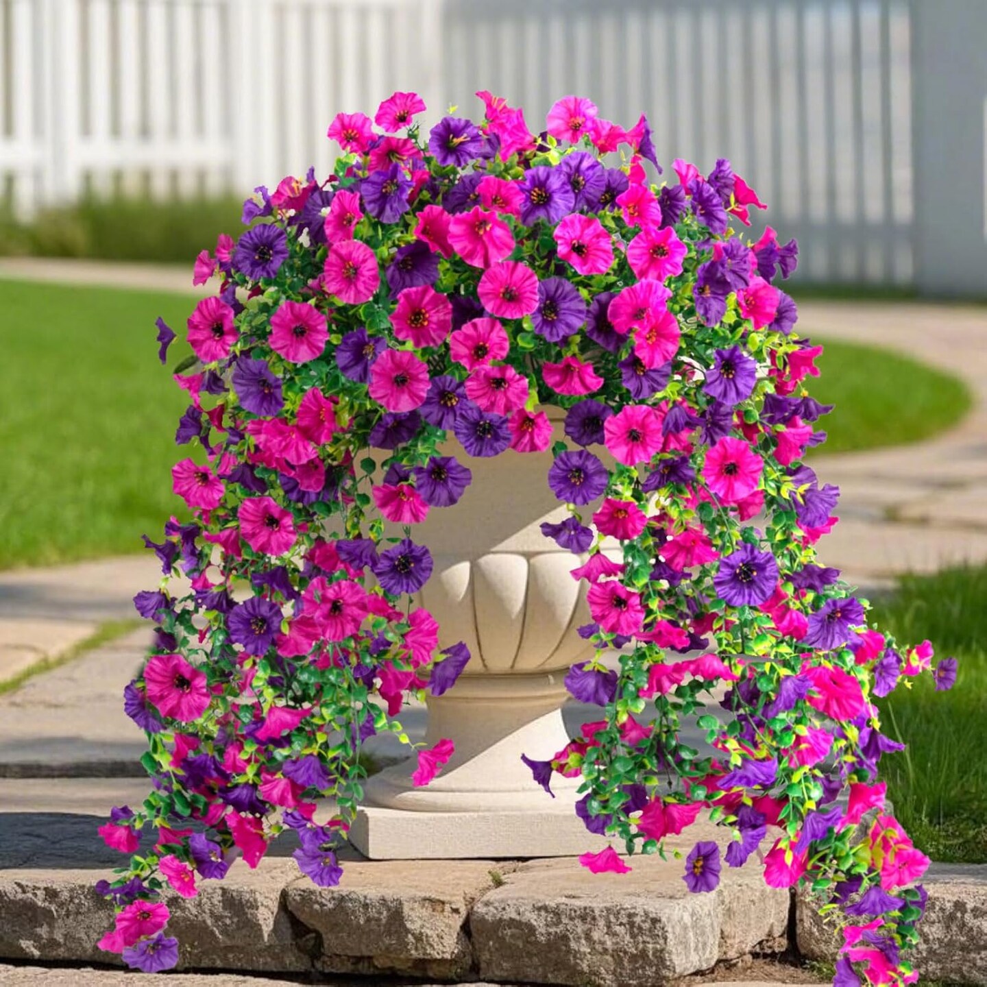 Artificial Hanging Flowers for Outdoor, 2 PCS Silk Morning Glory Faux Flowers (Purple, Pink)