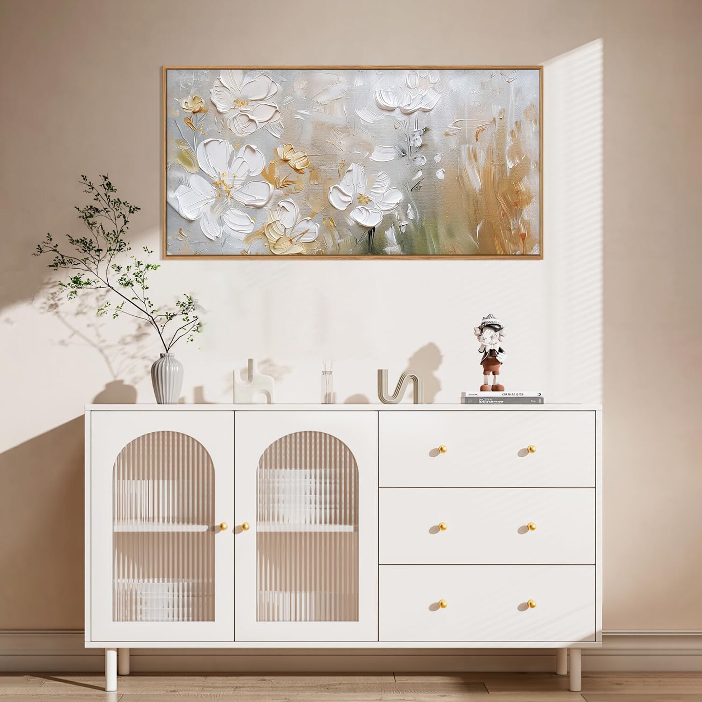 Large Hand-Painted White Flower Framed Wall Art Modern White and Gold Floral (20&#x22;x40)