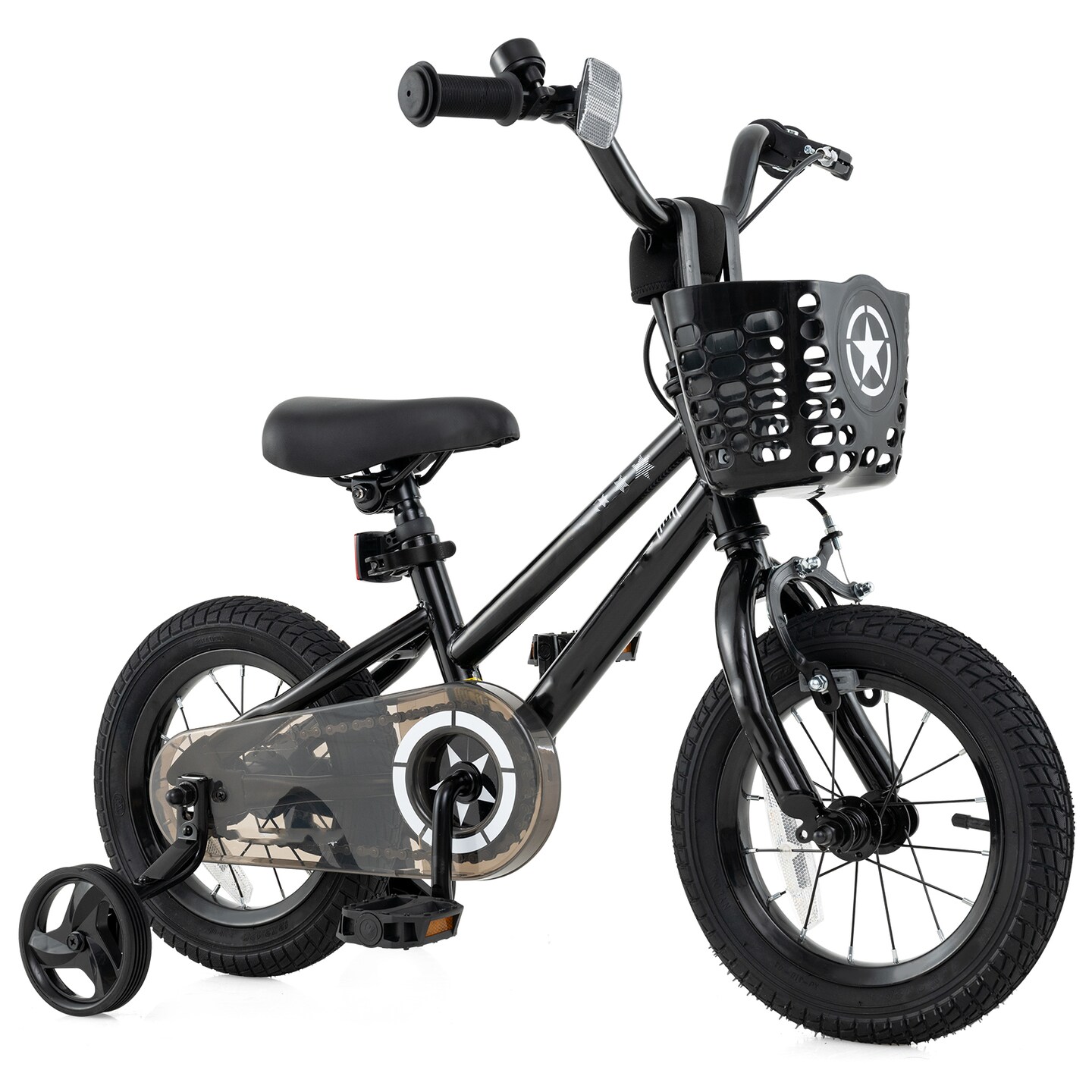 Black Metal Kids Bike with Dual Brakes and Basket, Training Wheels