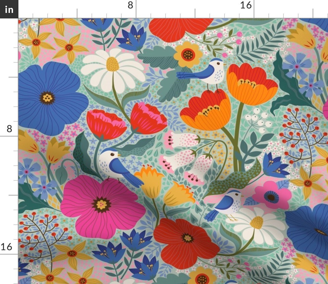 Maximalist Birds Flowers Bohemian Poppy Daisy Summer Spring Cottagecore Pink Blue Green Scandi Scandinavian Leaves Botanical Garden Party Custom Printed Fabric by Spoonflower Various Fabrics by the Yard or Fat Quarter