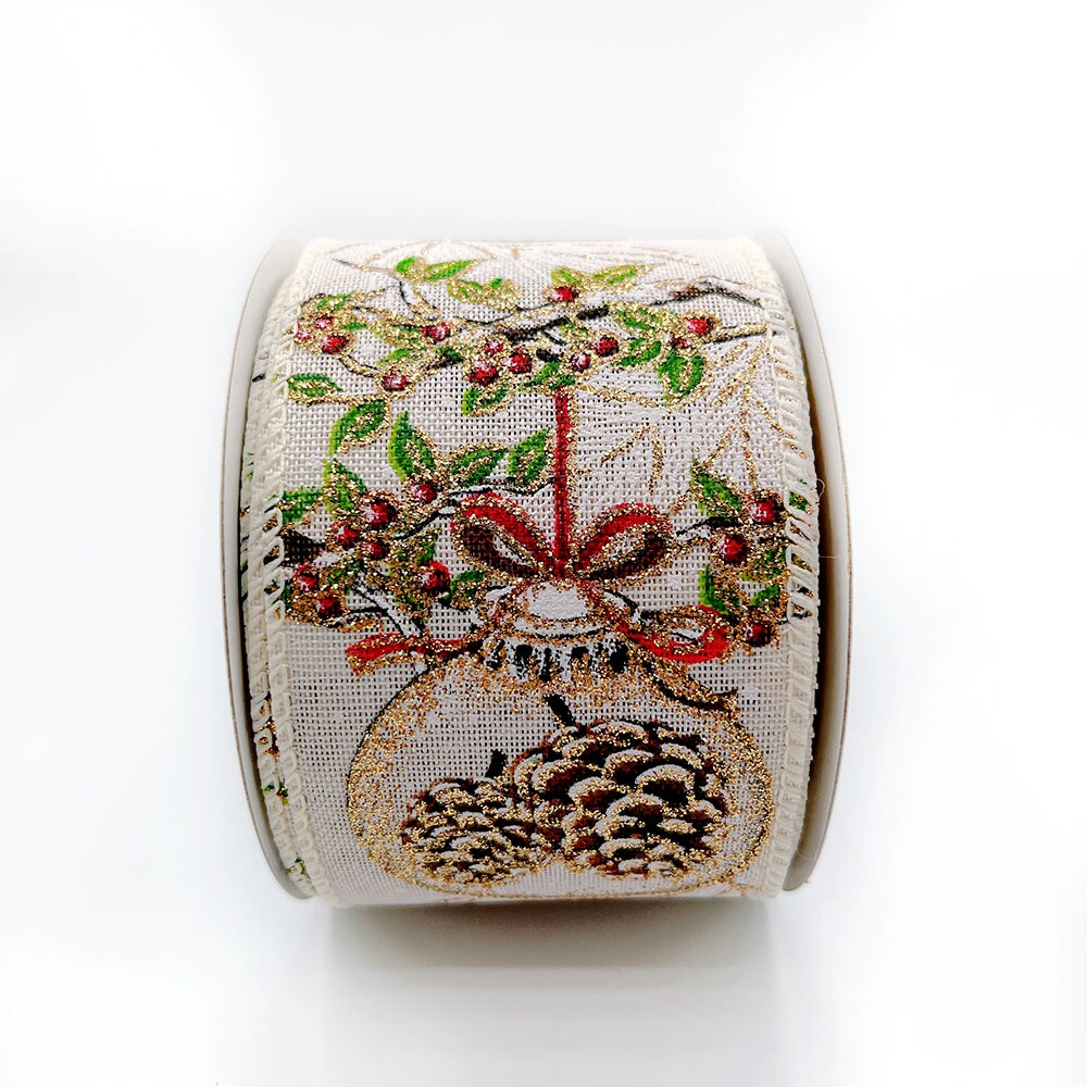 Designer’s Shop WR 63-5191 Holiday Pinecones Glitter Ornament wired edge ribbons (2.5” x 10 yards )