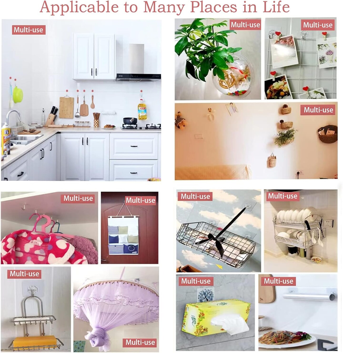 24 Pack Wall Hooks 33lb(Max) Transparent Reusable Hook(Transparent, Silver)