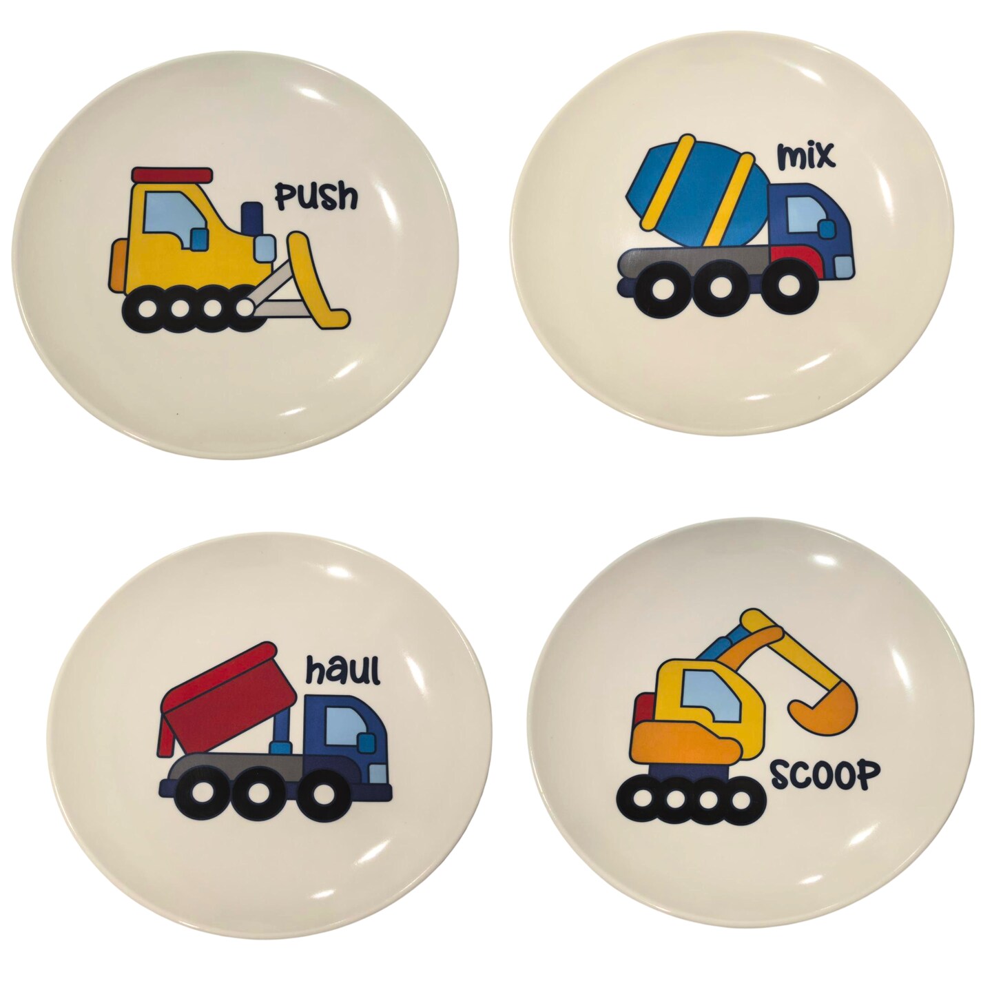 4E's Novelty 4 Melamine Kids Plate Set for Boys, Construction Toddler Plate Set - Truck Character Child Dinnerware Set with Fun and Joy, BPA-Free, 10-Inch Lightweight Construction Dinnerware for Kids