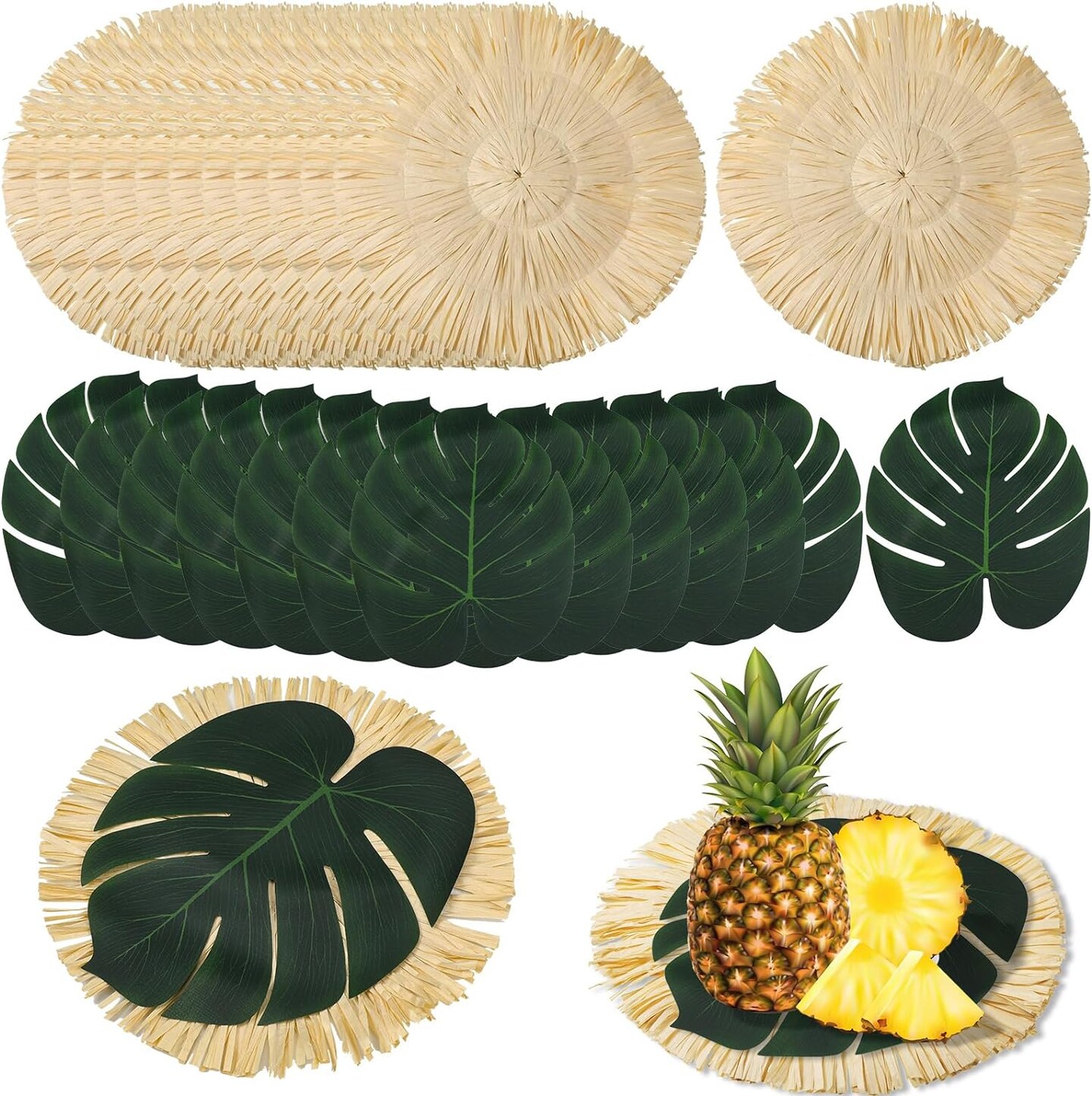 24 Pack Luau Placemats and Palm Placemat, Round Luau Fringe Place Mats Tropical Palm Leaf Place Mats Bulk Summer Hawaiian Plate Chargers Table Placemats Tropical Party Supplies