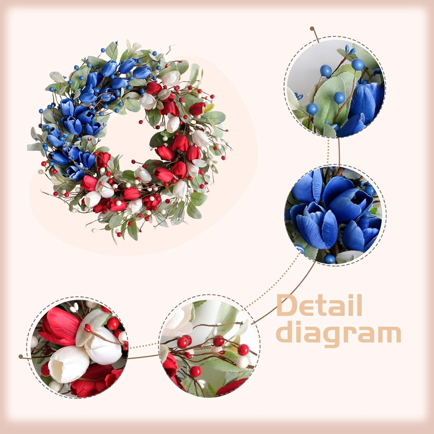 Tulip Flower Patriotic Wreaths Red White Blue Decor Memorial Day Independence Day 4th of July Flag Day Wreaths