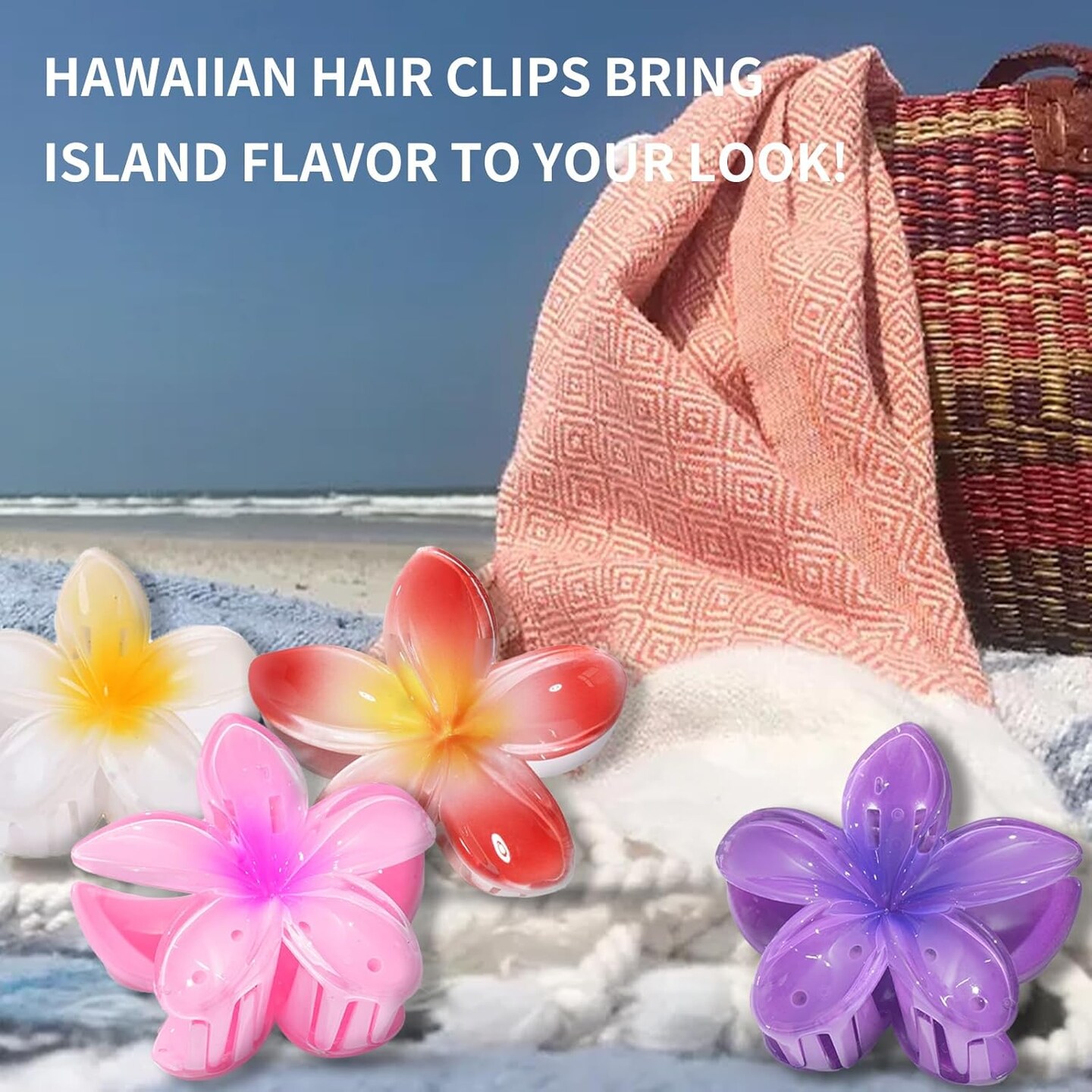 Flower Hair Claw Clips 4-Pack, Hawaiian Plumeria and Tropical Styles Hair Accessories