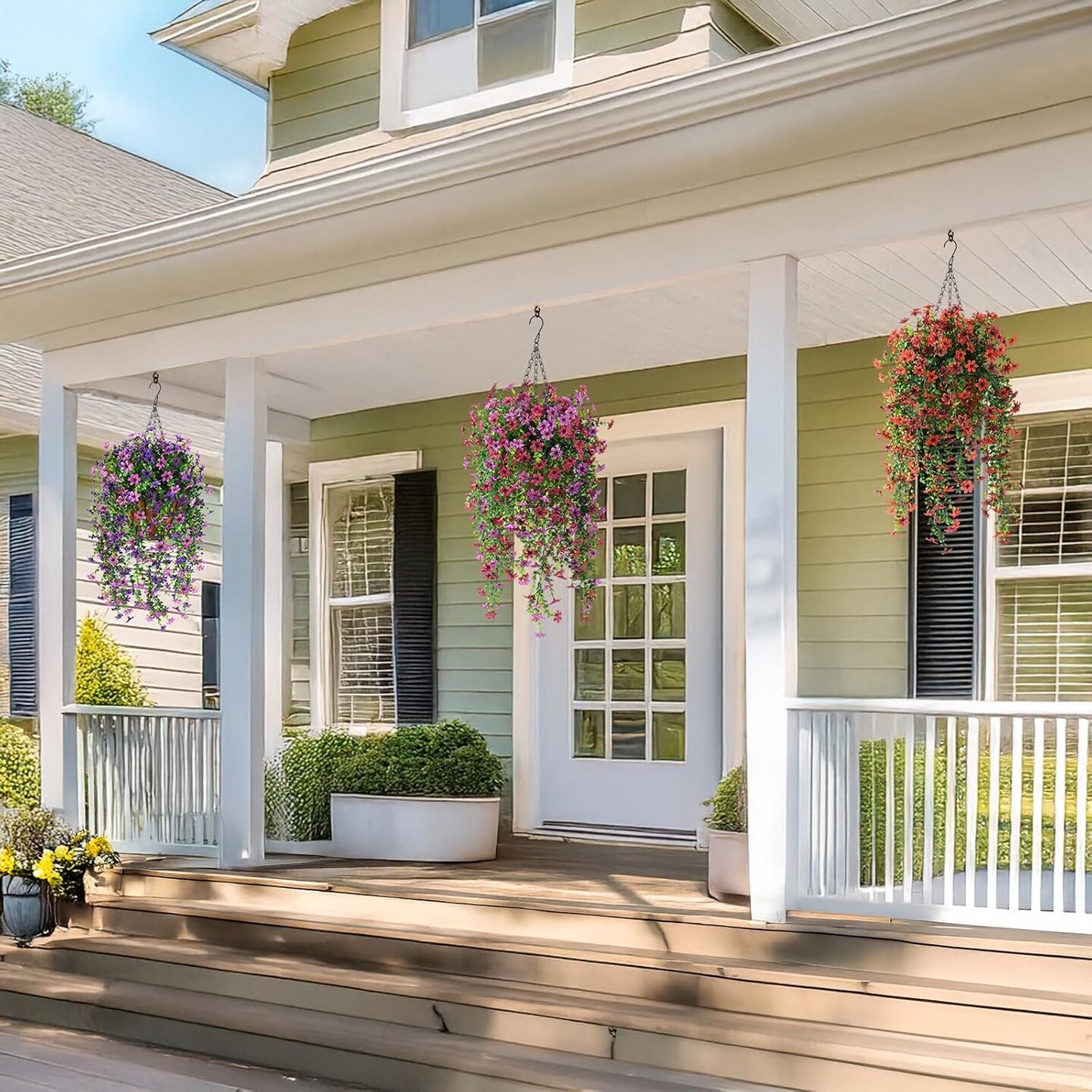 2 PCS Artificial Daisy Hanging Flowers with Eucalyptus for Outdoor Garden Decor (Purple Red Light Purple)