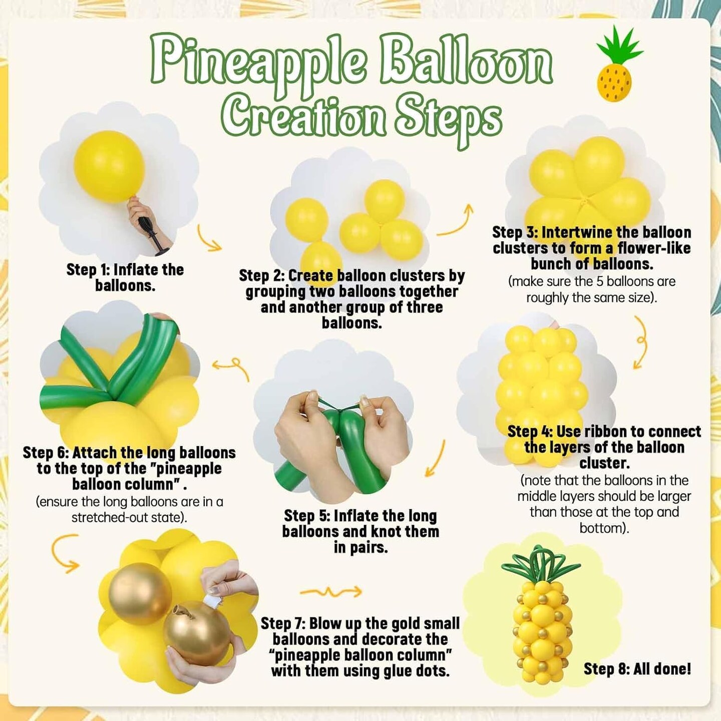 140-Piece Pineapple Balloon Set – Metallic Gold, Dark Green, Yellow & Long Balloons for Pineapple Luau, Tropical Hawaiian Birthday Party Decorations
