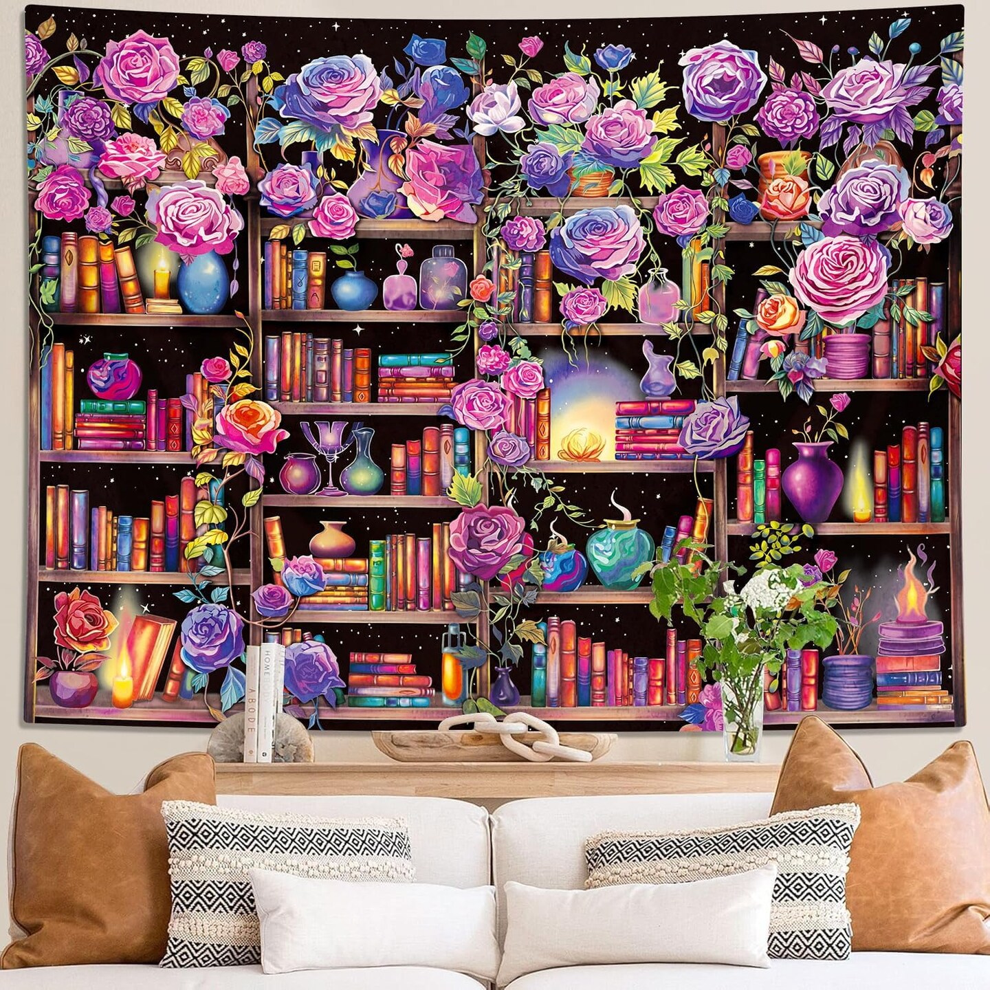 Pink & Purple Flower Wall Art Tapestry – 70" x 90" Floral Hanging for Bedroom Decor