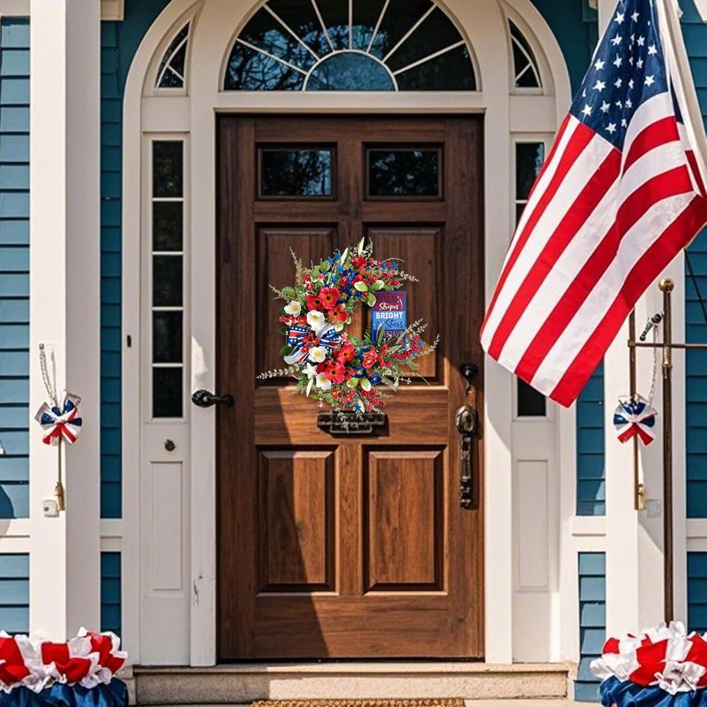 Handcrafted Patriotic Wreath for Front Door - 4th of July Wreath with Silk Poppies