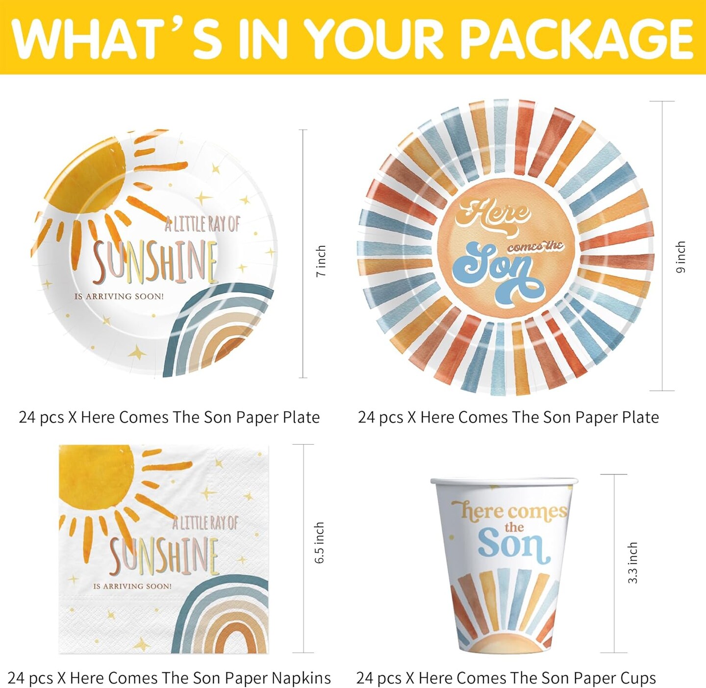 Here Comes The Son Baby Shower Decorations Tableware Boy, Boho Rainbow Sun Baby Shower Party Supplies(Multicolor)