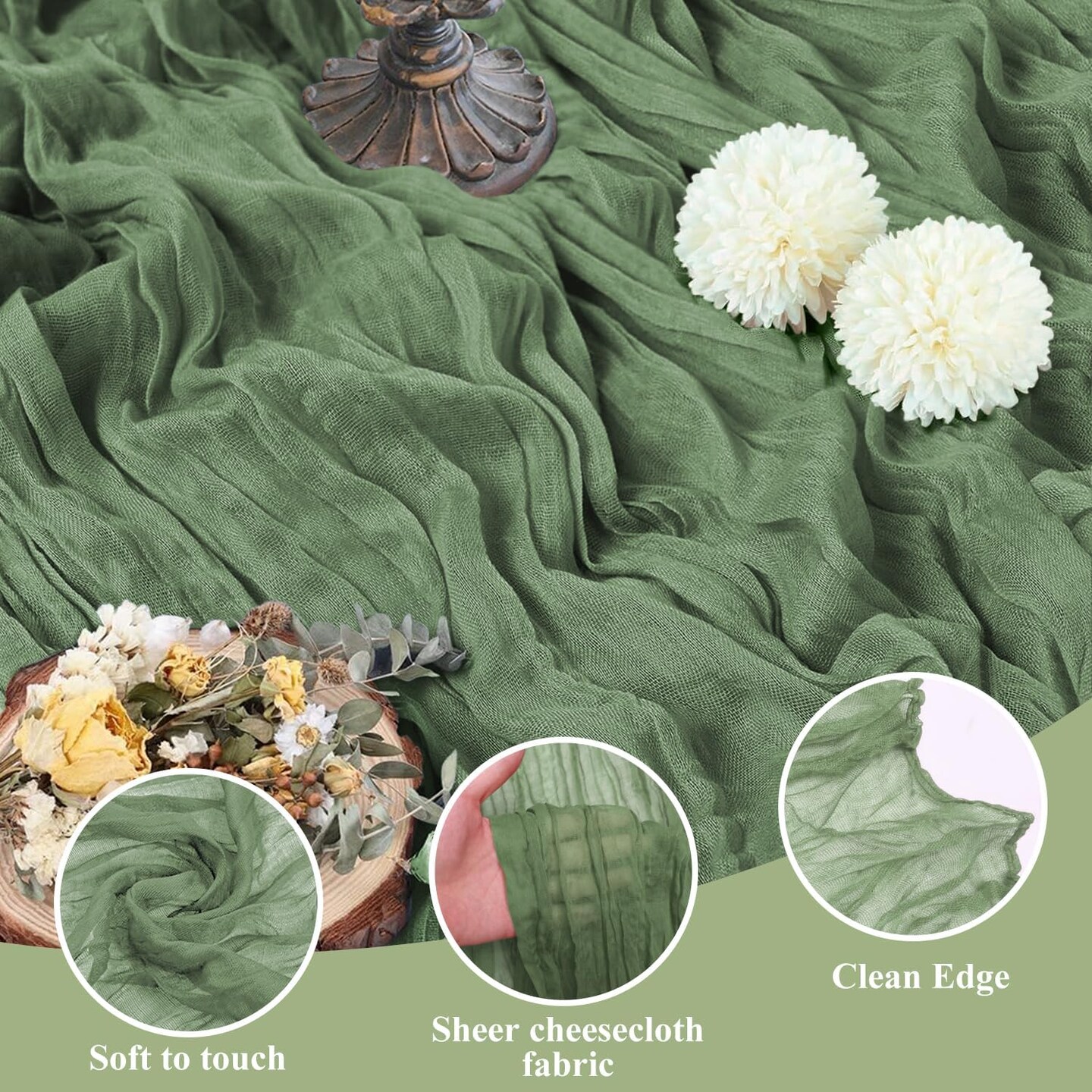 Cheesecloth Table Runner 120 Inches Sage Green Boho Gauze Cheese Cloth Runner 10FT Rustic Sheer Table Runners for Spring Easter Wedding Baby Shower Holiday Party Decoration