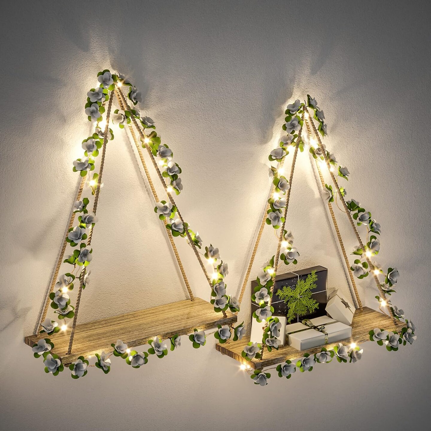 Artificial White Flower Garland with LED-Strip Wall Hanging Shelves Set of 2