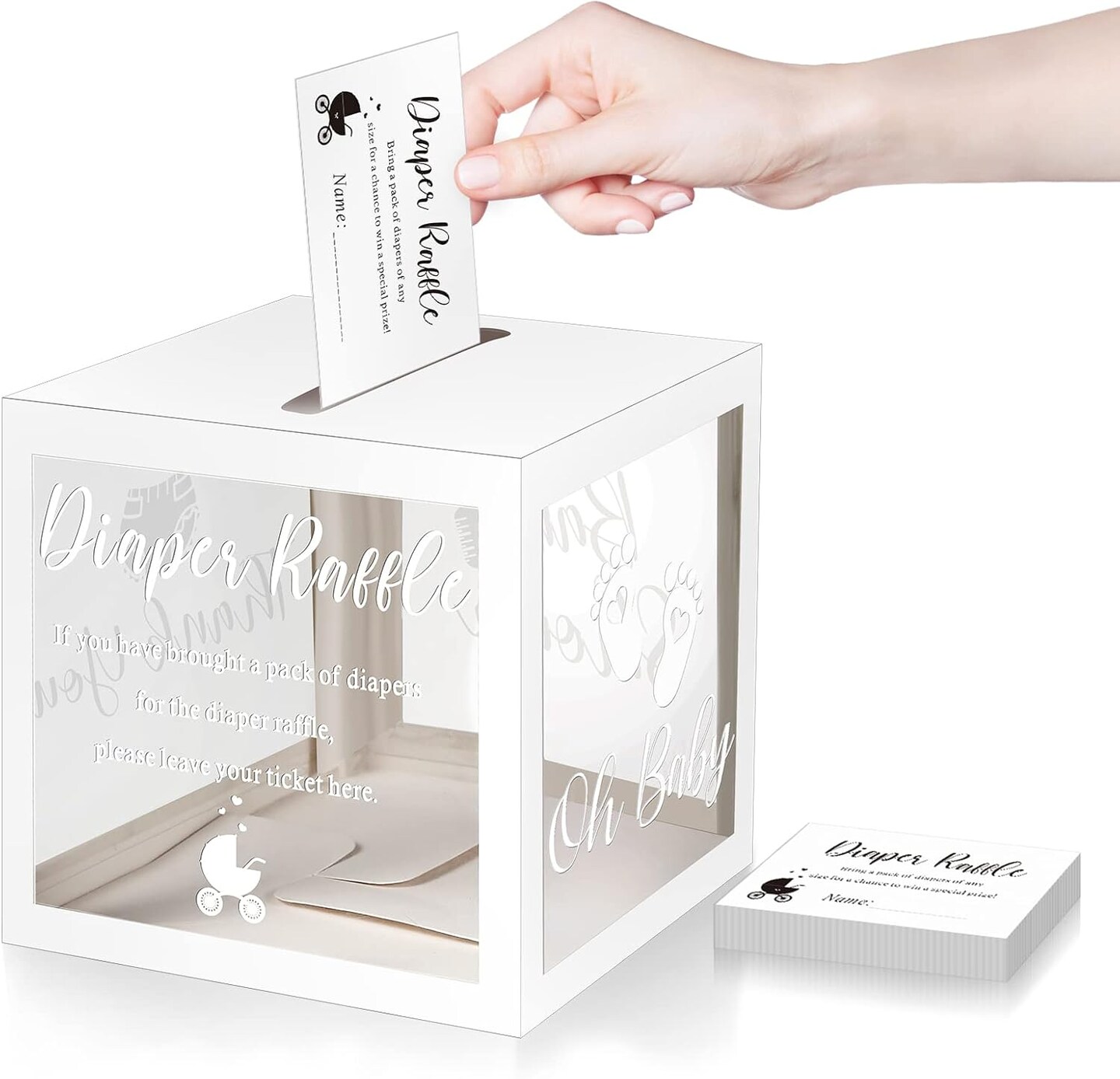 50 Diaper Raffle Tickets with Box for Baby Shower Game Invitations