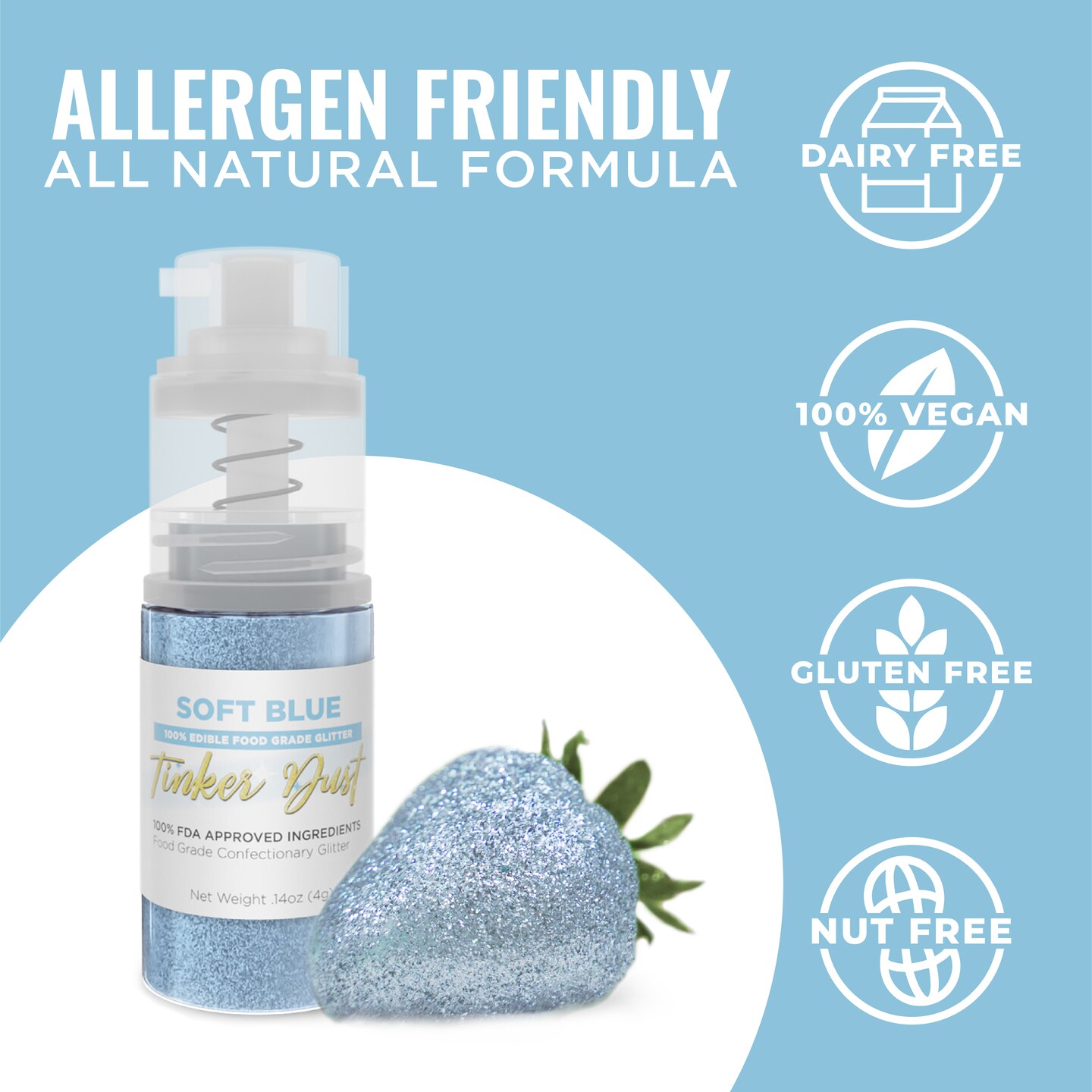 Bakell - Soft Blue Tinker Dust Edible Glitter (4g, 1x Spray Pump) for Food, Desserts, and Beverages!